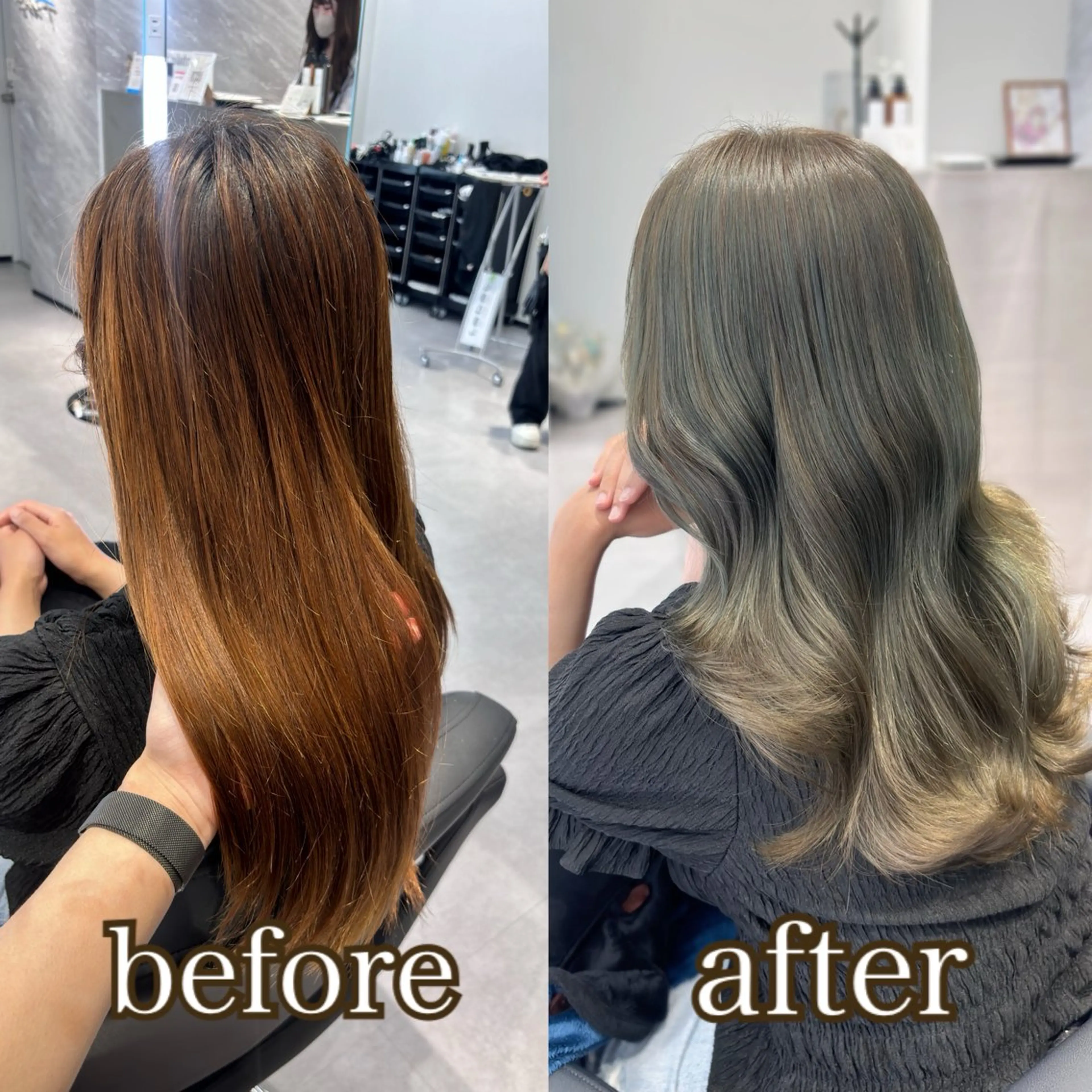 ロング カラー アッシュ アッシュグレー アッシュグレージュ ベージュカラー ブリーチ ヘアカラー トリートメント 髪質改善/赤み消し ブリーチなし心斎橋のヘアスタイル