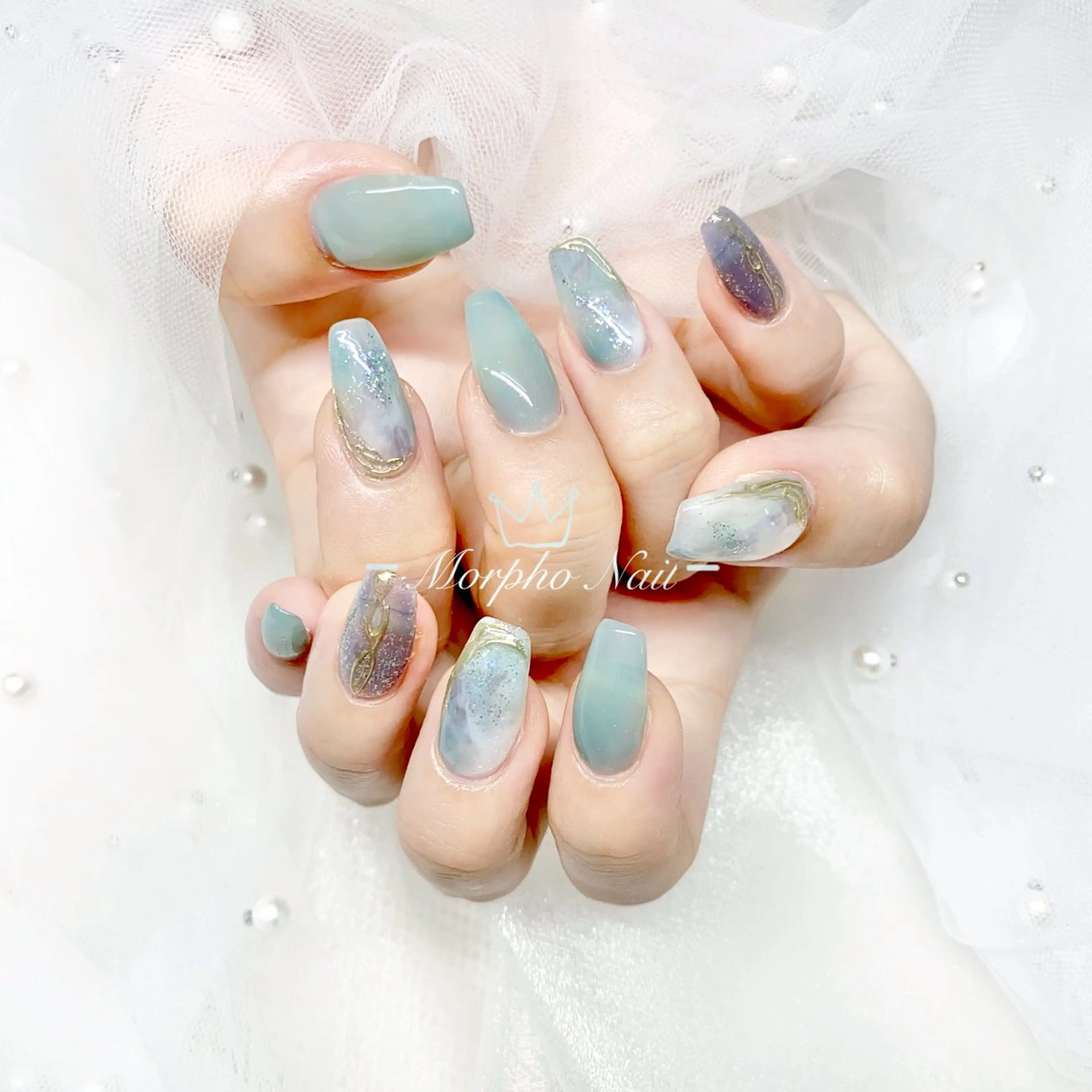 ネイル 長さ出し ジェルネイル キラキラネイル 大理石ネイル(マーブル) ニュアンスネイル Morpho nailのネイルデザイン
