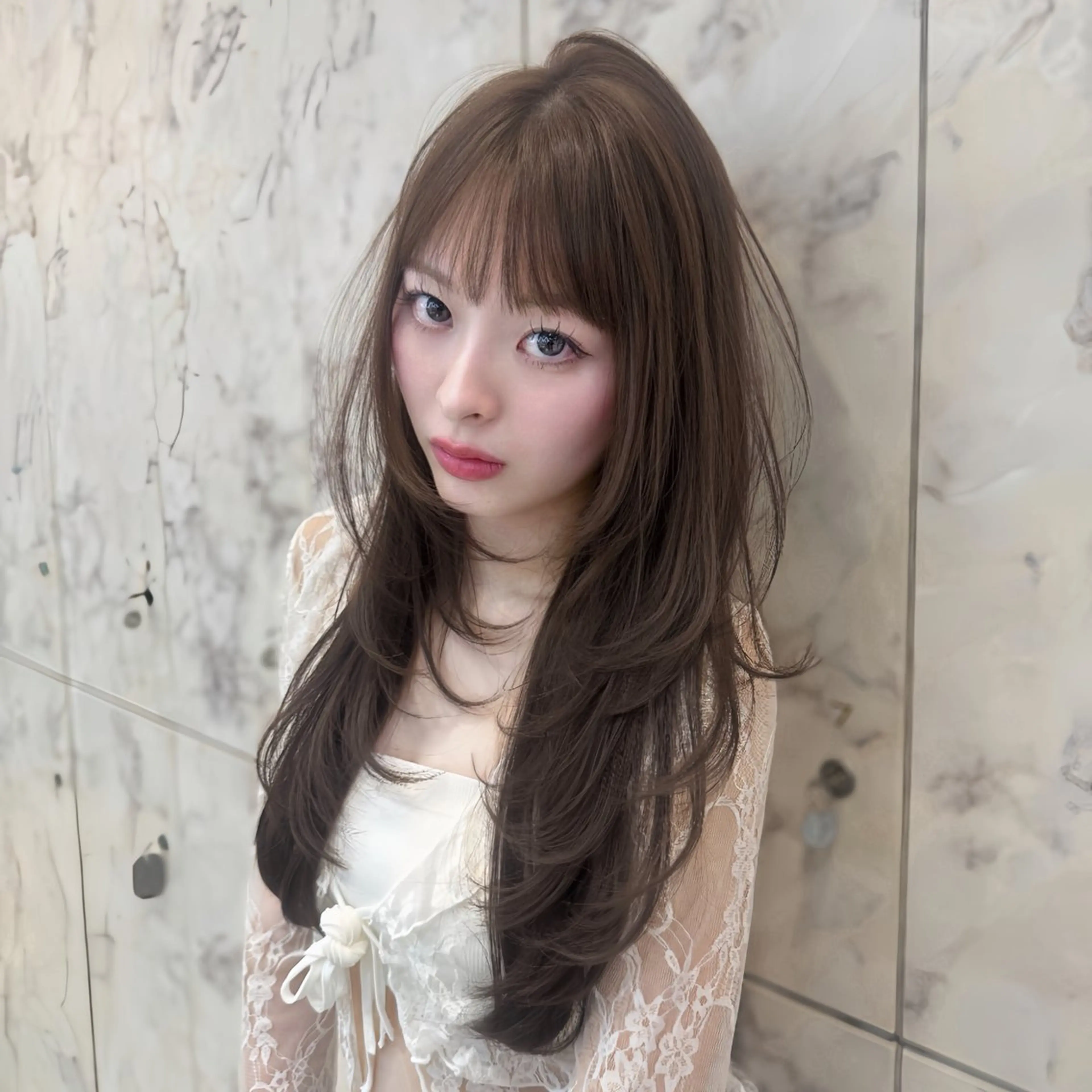 ロング カラー ブラウンカラー モカブラウン ハッシュカット カット ヘアカラー トリートメント ヘアセット 新宿/韓国レイヤー 髪質改善カラー/角所のヘアスタイル