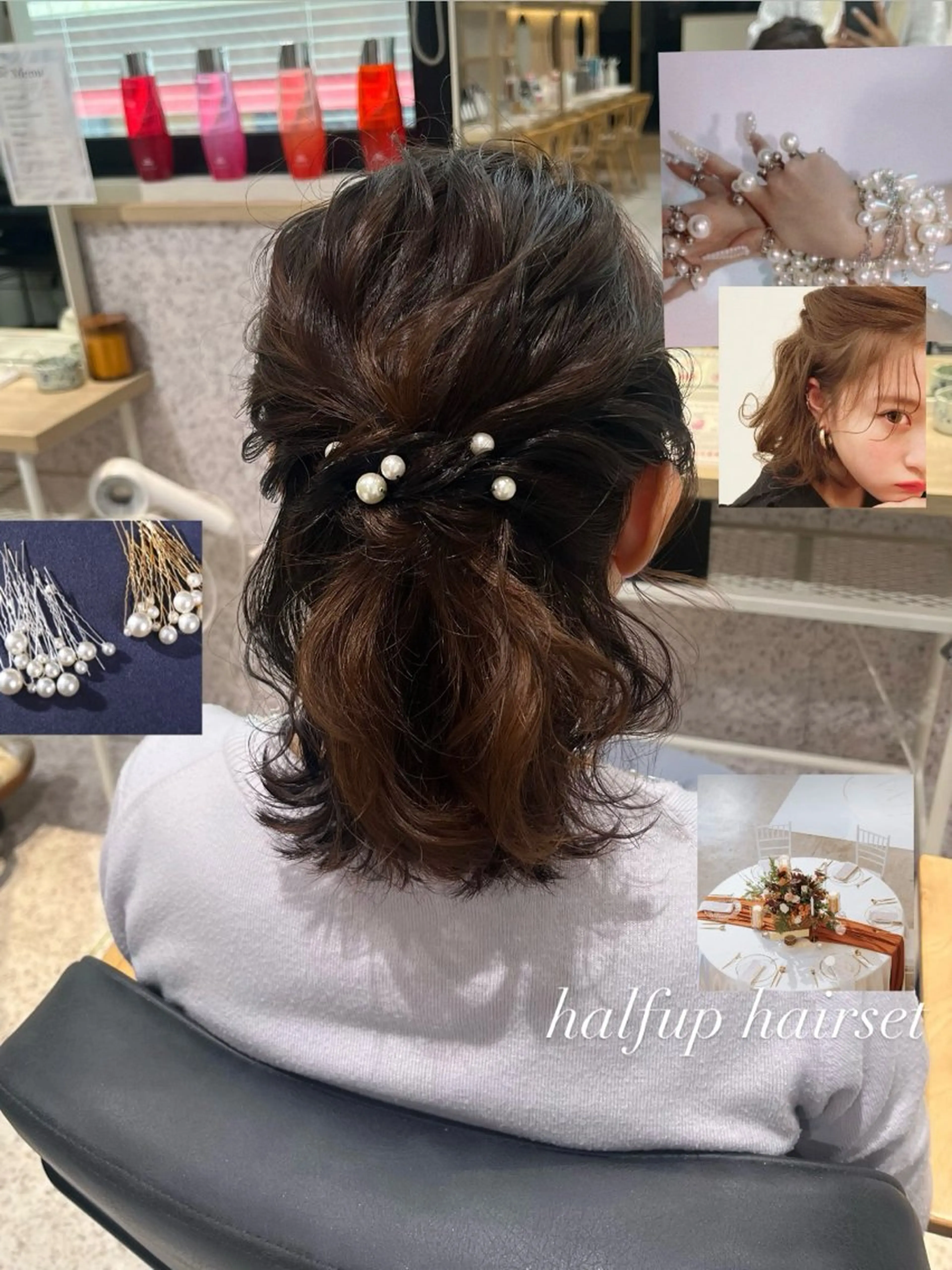 ミディアム ヘアアレンジ ハーフアップ 結婚式・ブライダル ミディアムパーマ ボブ 髪質改善 ヘアセット 髪質改善&艶カラー/ ほんだあみ (♡)のヘアスタイル