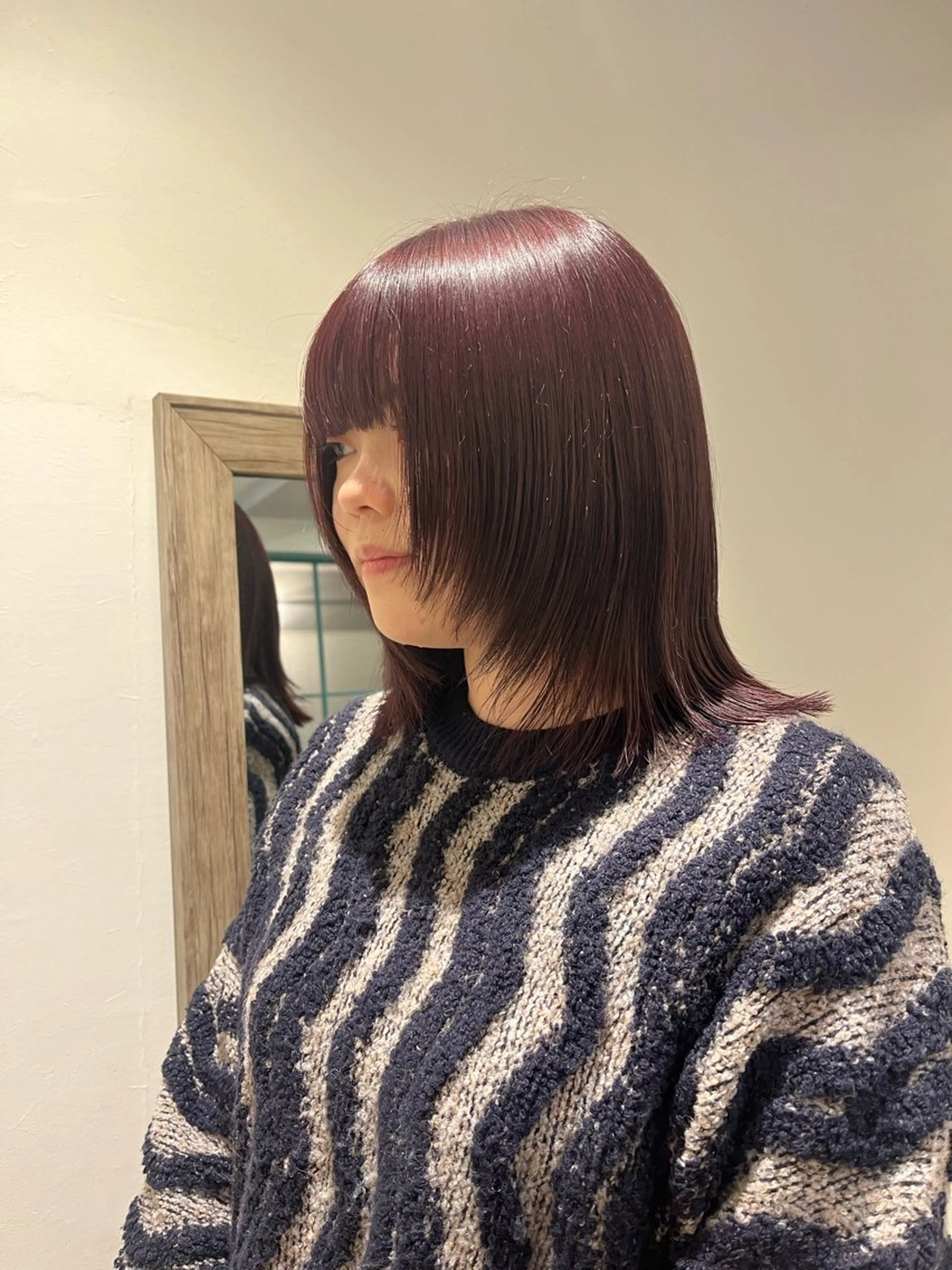 ミディアム カラー カット パーマ 切りっぱなしボブ ×暖色🌷江梨🍎のヘアスタイル