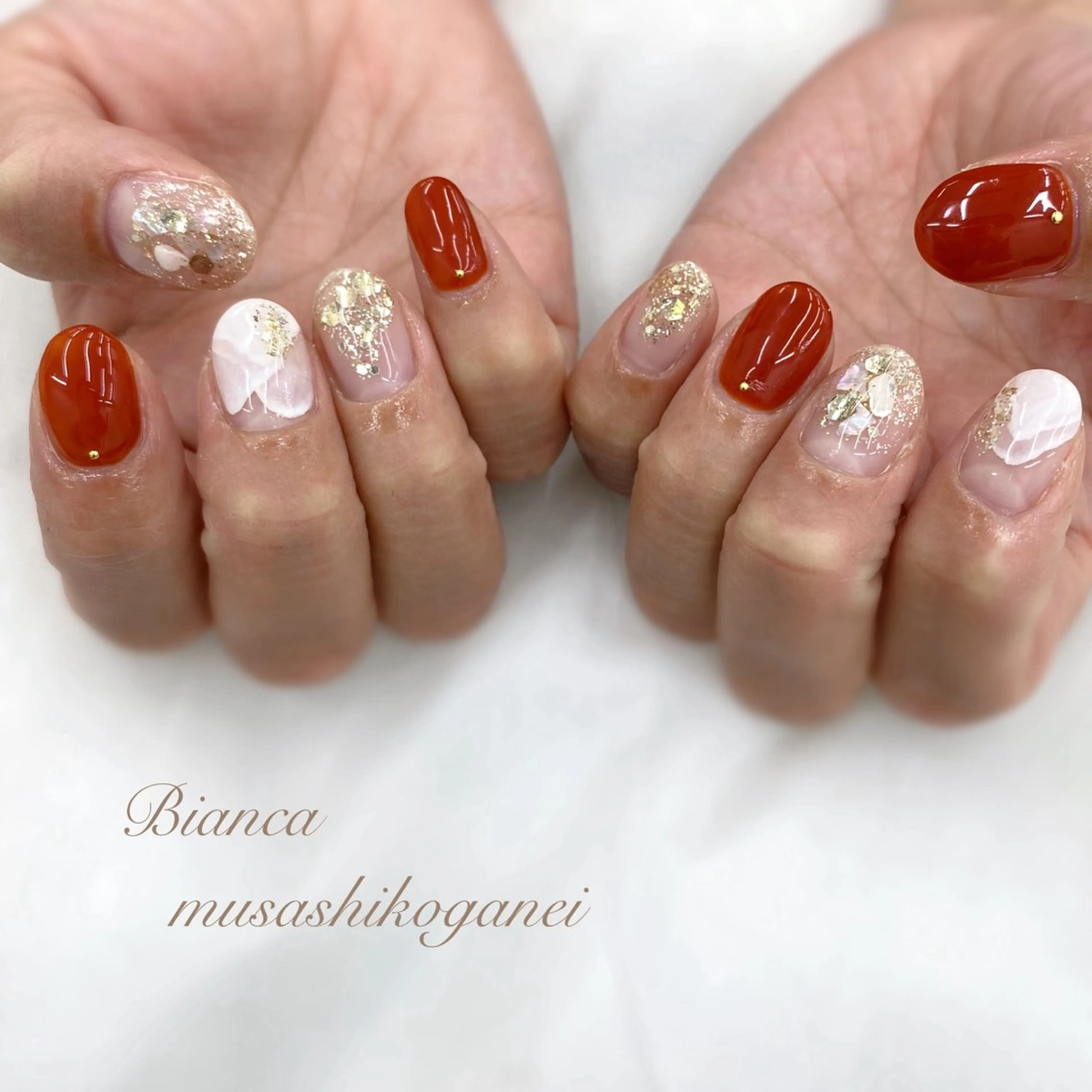 ネイル キラキラネイル ニュアンスネイル オレンジ ハンドネイル Bianca 武蔵小金井 しぎはらのネイルデザイン
