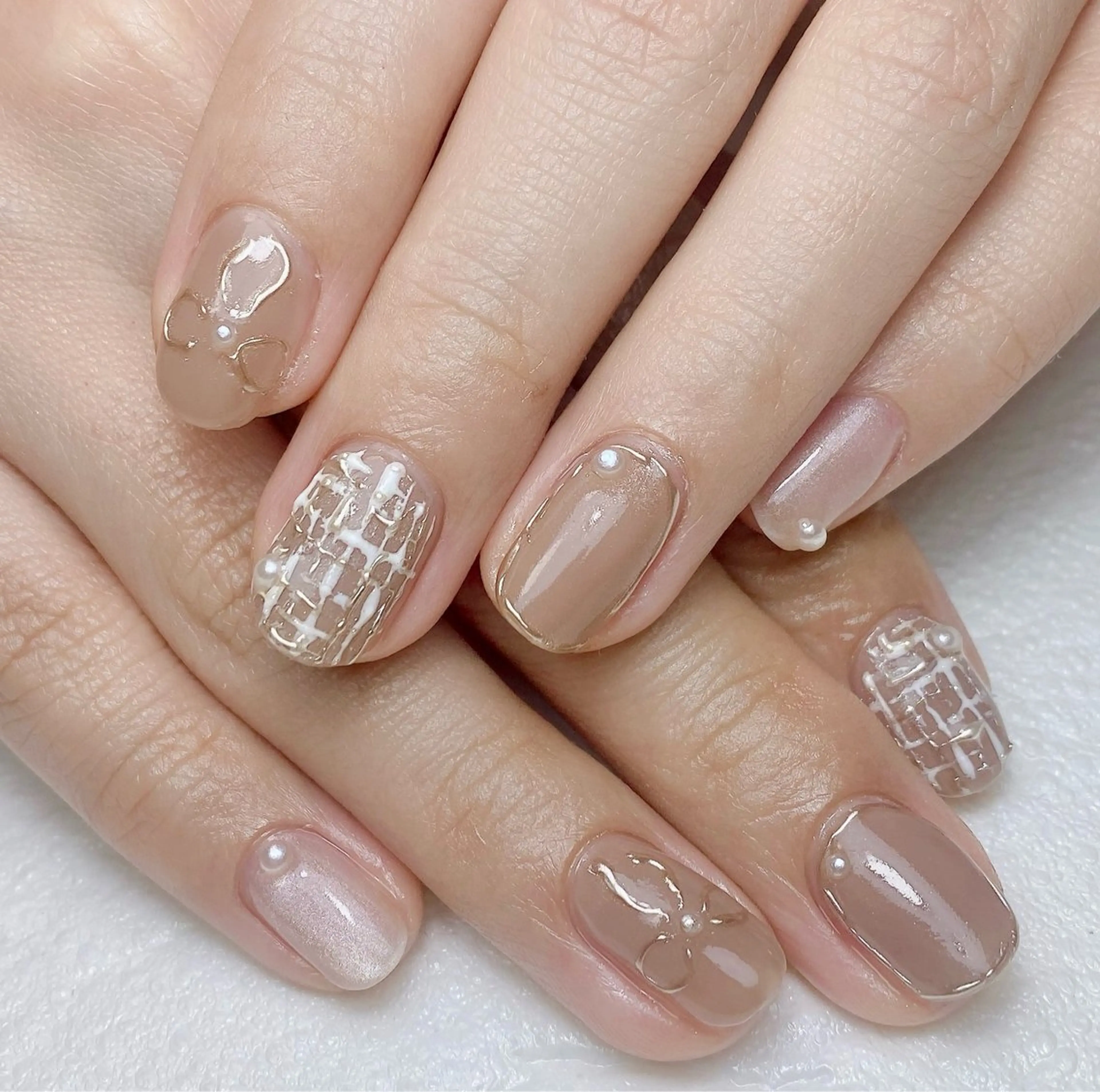 ネイル マグネットネイル リボン ツイードネイル ハンドネイル Nail Salon K 🧸美爪育成のネイルデザイン