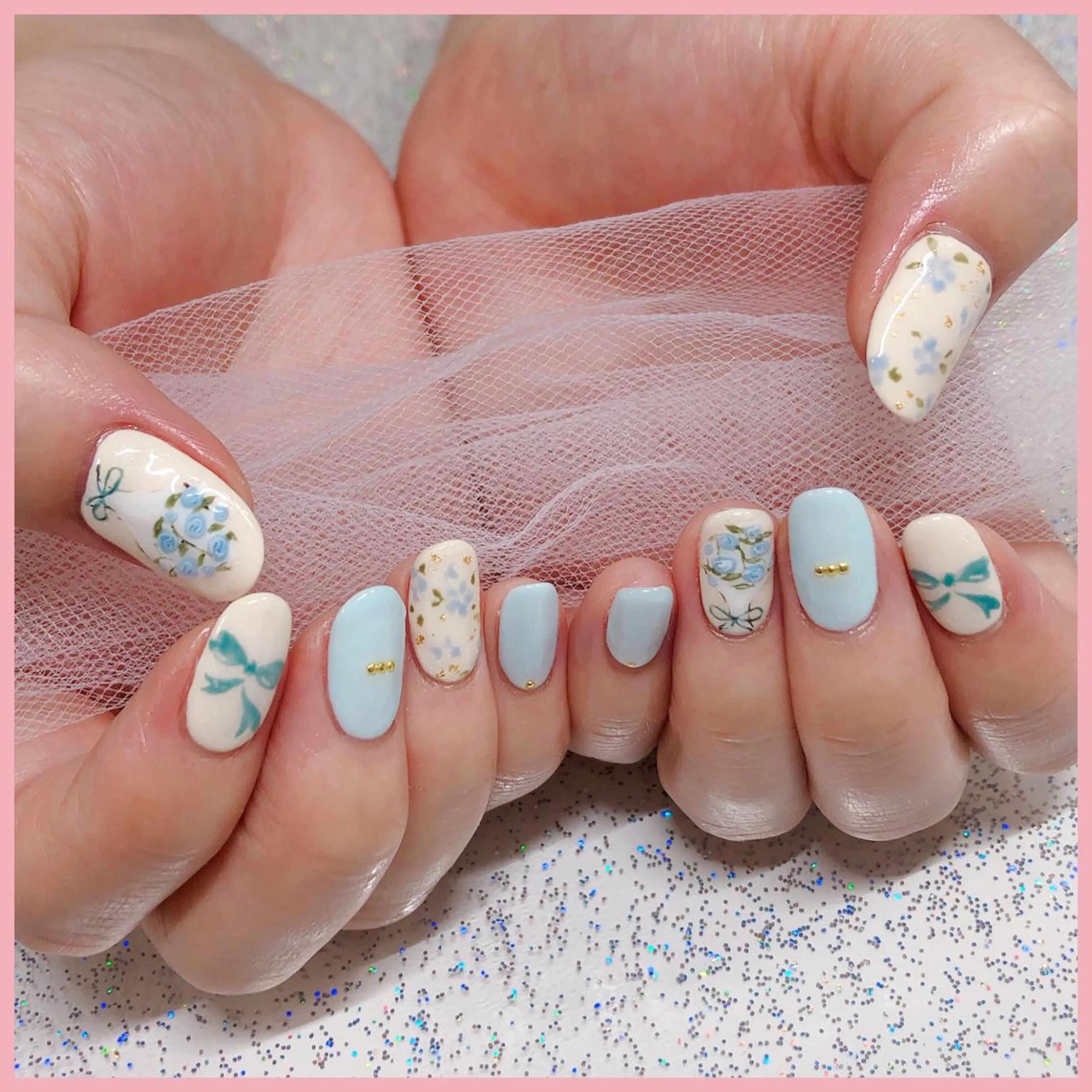 ネイル アートネイル ブルー フラワーネイル ガーリー ハート ハンドネイル plume nail ☆韓国ネイルのネイルデザイン