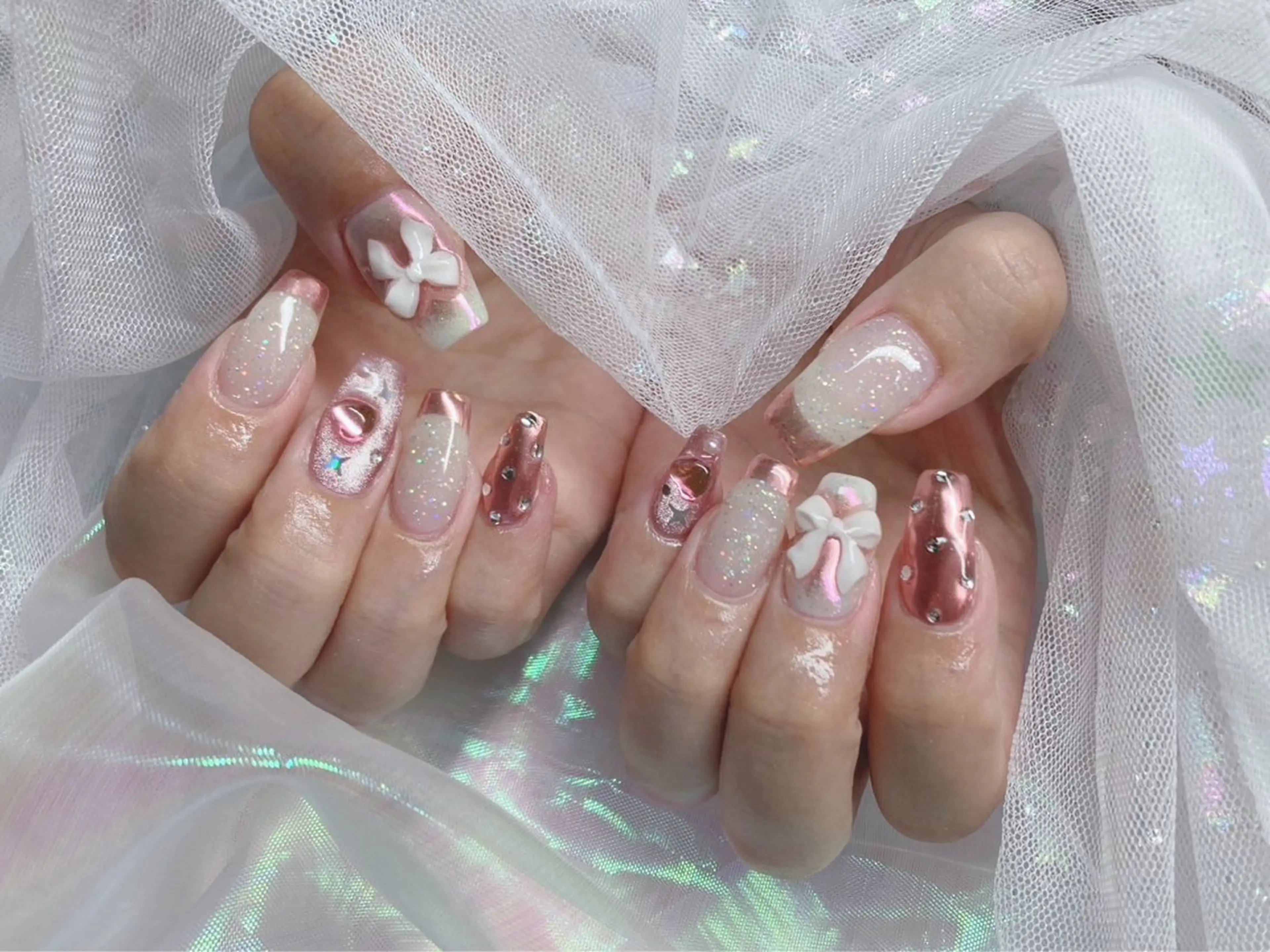 ネイル フレンチネイル ミラーネイル ピンク ハンドネイル Nail lieNのネイルデザイン