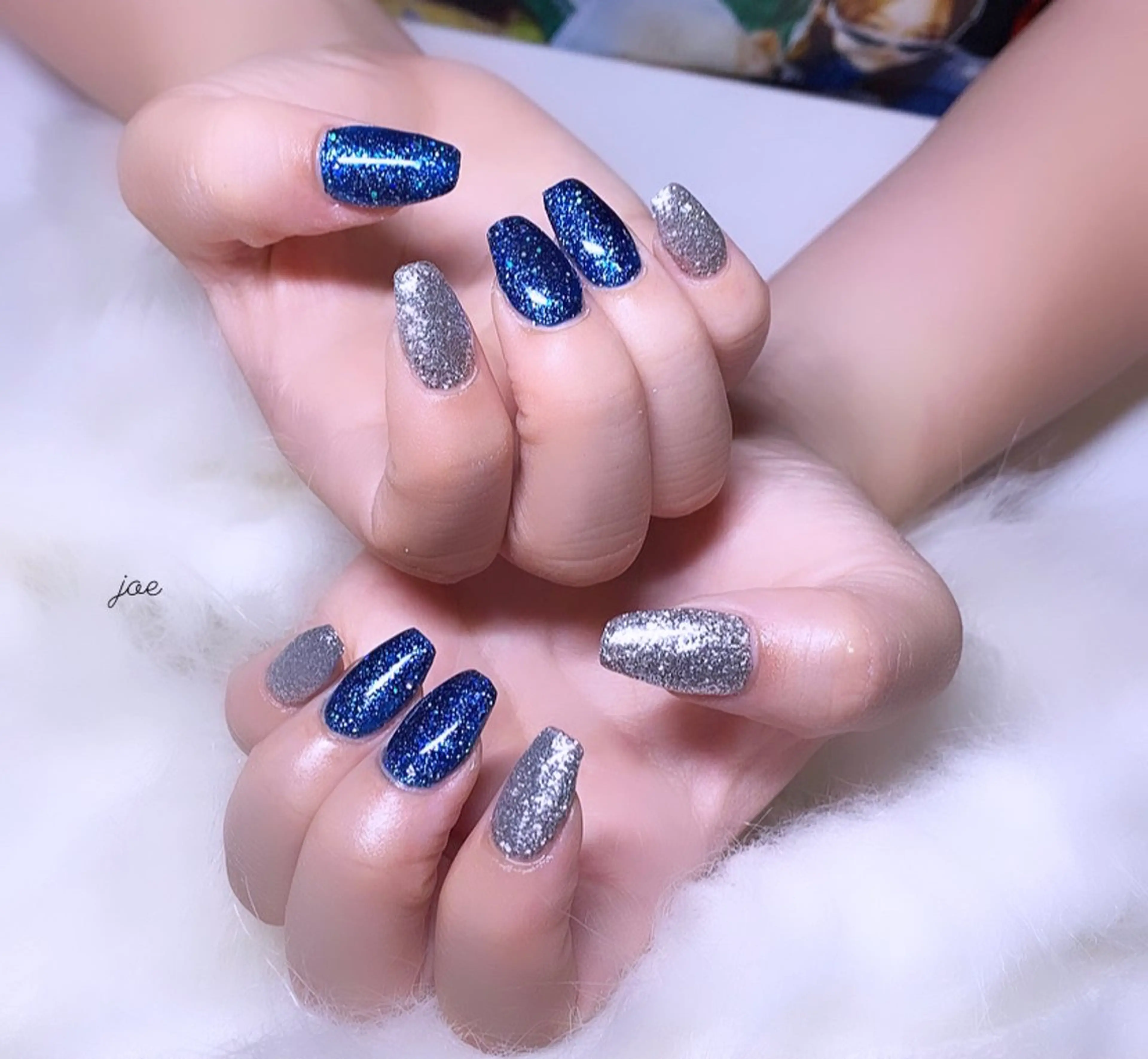ネイル ブルー ラメ(グリッター) ワンカラーネイル シルバー ハンドネイル EstheSalon J.o.e /石堂のネイルデザイン