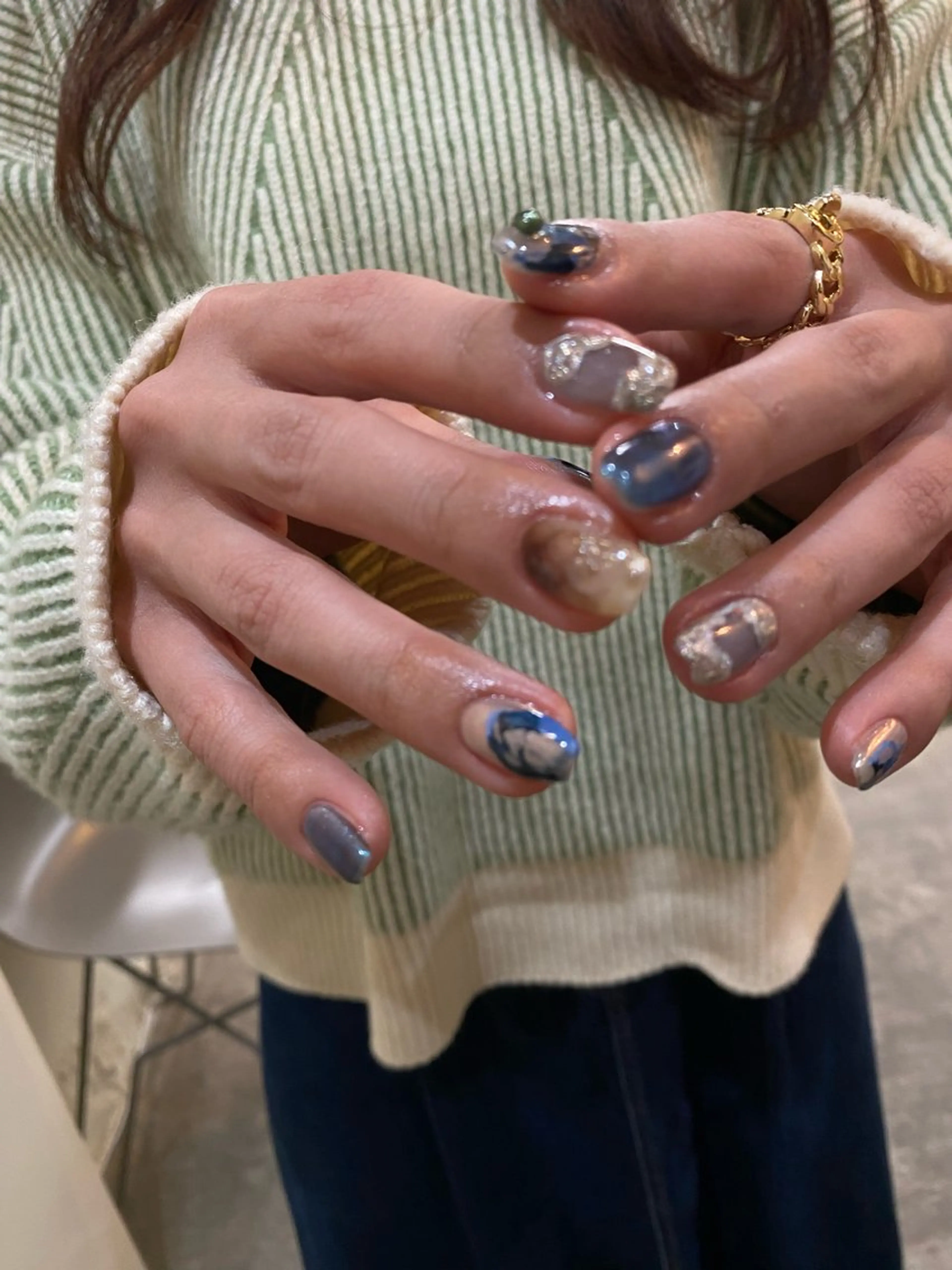 ネイル ブルー ブラウン グリーン ハンドネイル nable.所属・望月 実莉のネイルデザイン