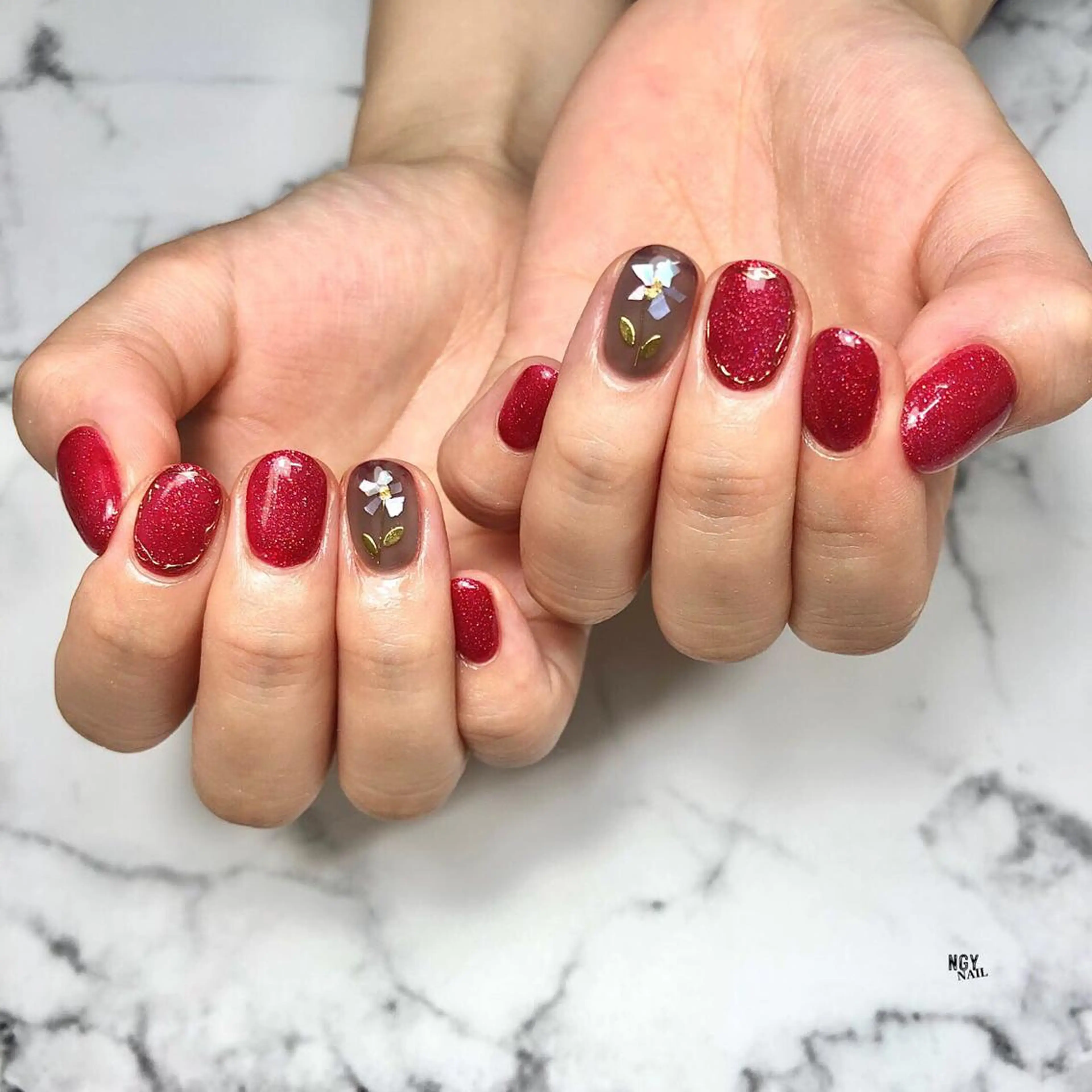 ネイル ボルドー クリアネイル フラワーネイル ジェルネイル 韓国ネイル NAIL NOWのネイルデザイン
