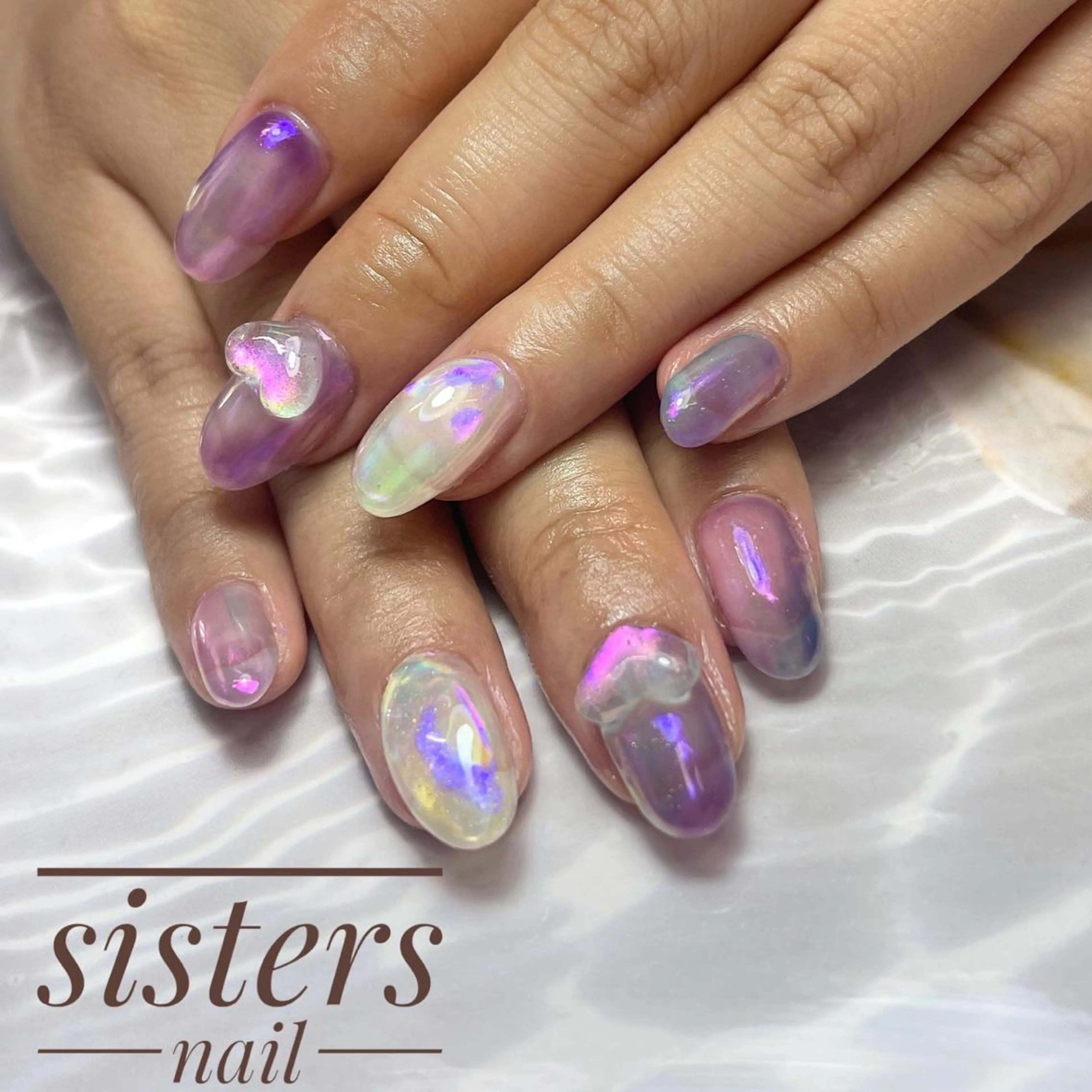 ネイル アートネイル オーロラネイル ハート 氷ネイル・うるうるネイル ニュアンスネイル sisters nail.fのネイルデザイン