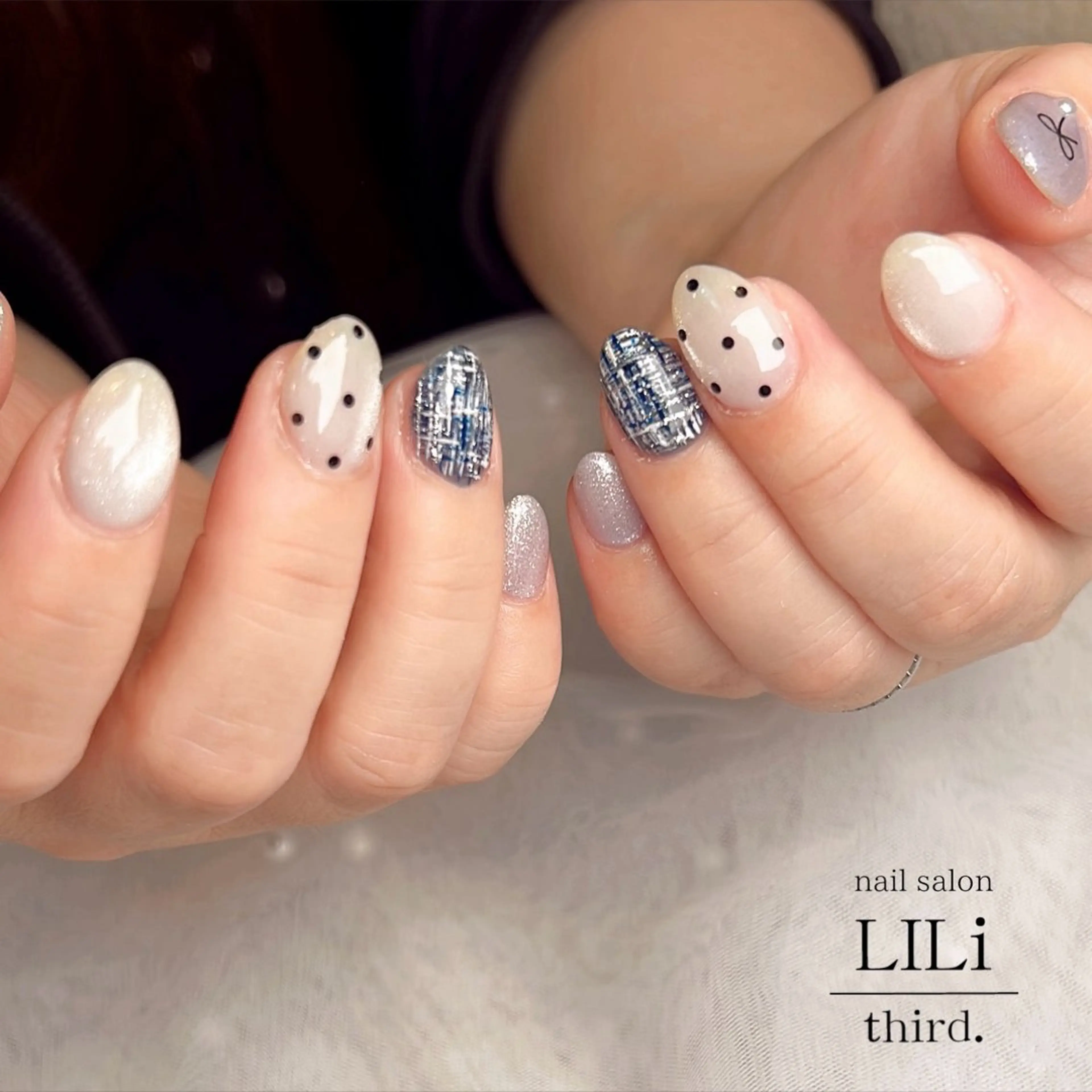 ネイル ドット リボン ツイードネイル ハンドネイル nail salon LILi third.所属・Saya ᵕ̈*のネイルデザイン