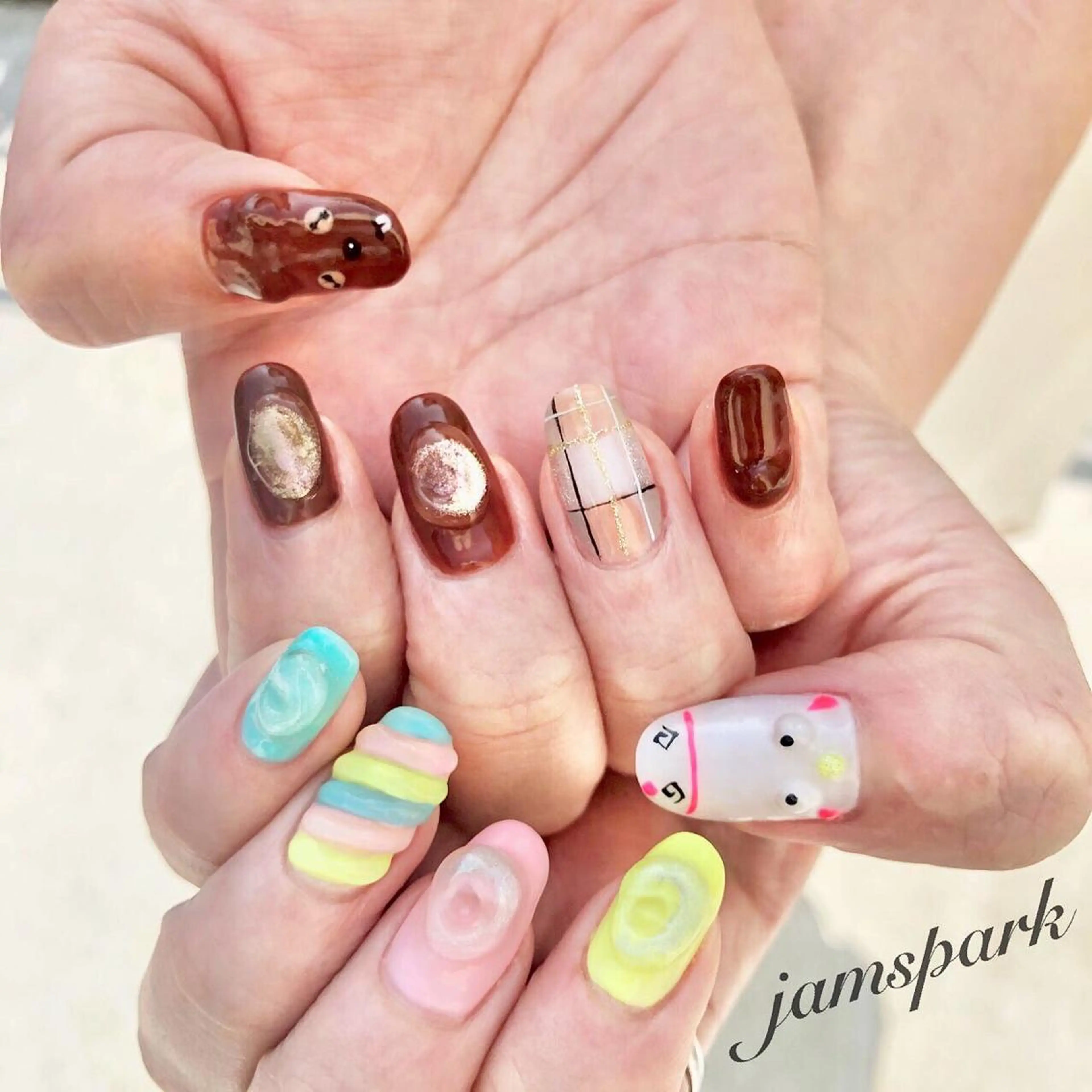 ネイル ブラウン パステルネイル ハンドネイル jamspark ✨のネイルデザイン