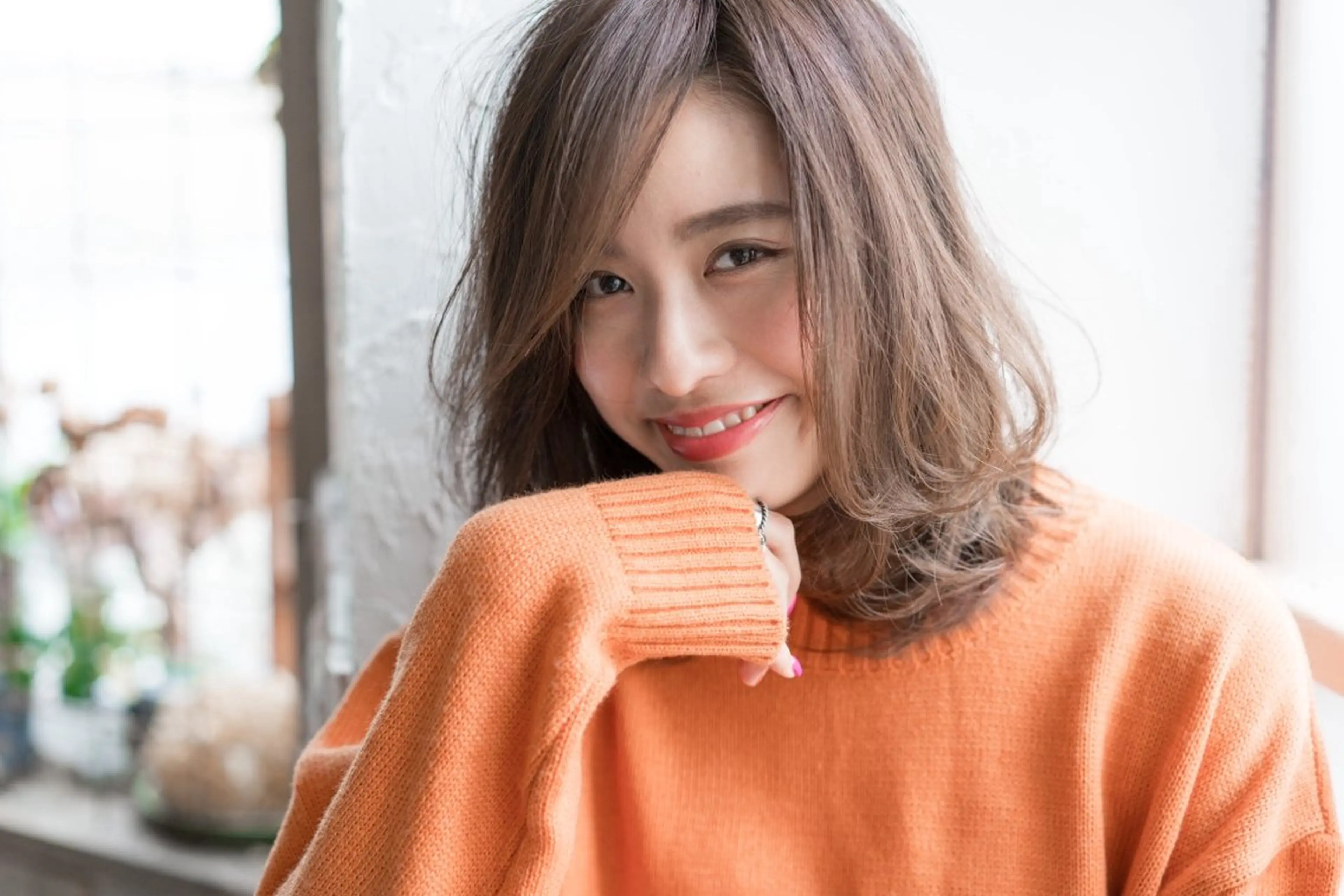 セミロング カラー パーマ 訪問美容ウィッグ のお店　つむぎのヘアスタイル
