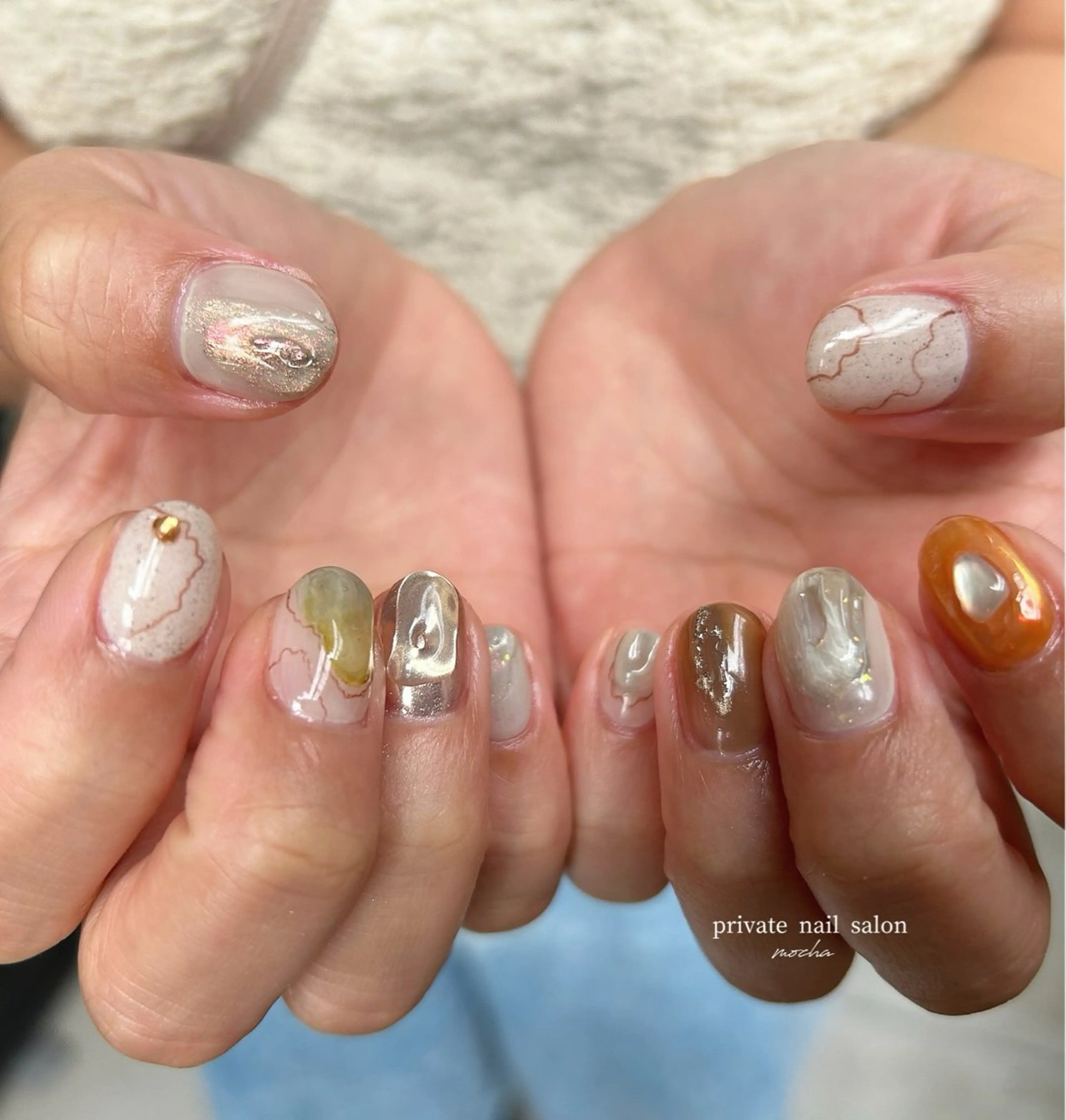 ネイル カジュアル フレンチネイル マグネットネイル ミラーネイル ニュアンスネイル ハンドネイル mocha nailのネイルデザイン