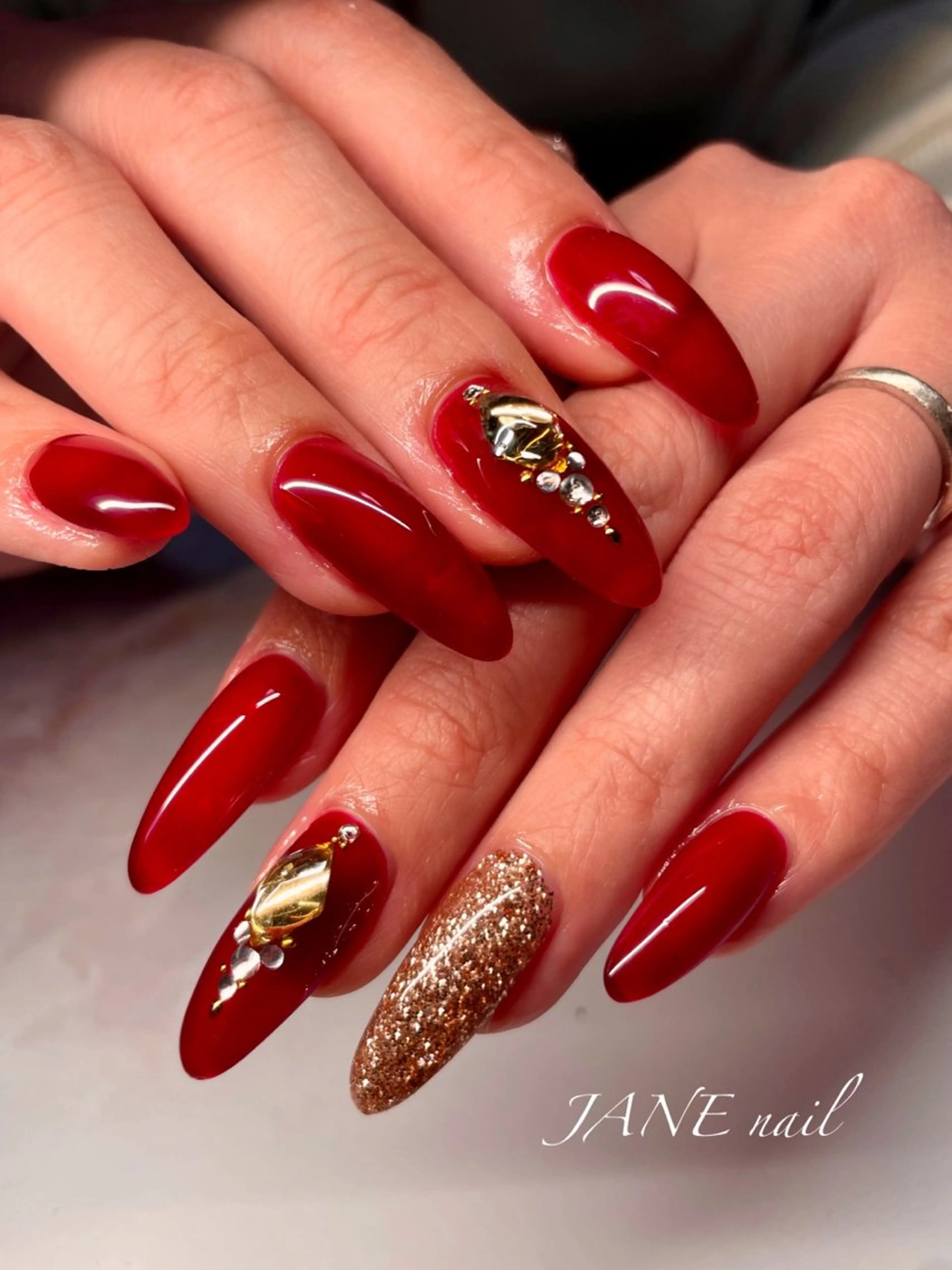 ネイル ボルドー ロングネイル 赤色 スカルプネイル シンプルネイル ハンドネイル Nail Salon JANEのネイルデザイン