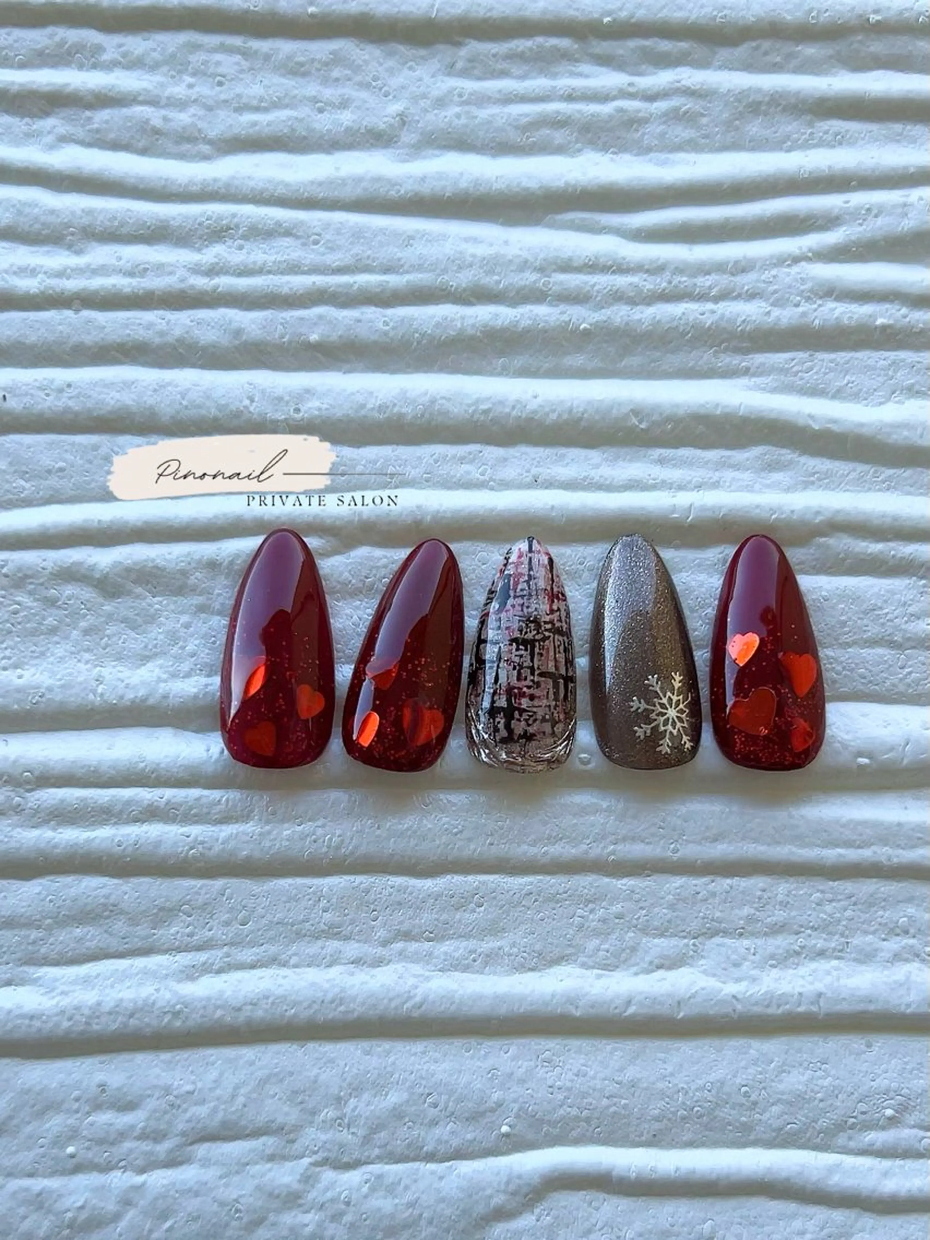 ネイル ボルドー フットネイル ハート 赤色 ツイードネイル pinonail所属・Pino Nailのネイルデザイン