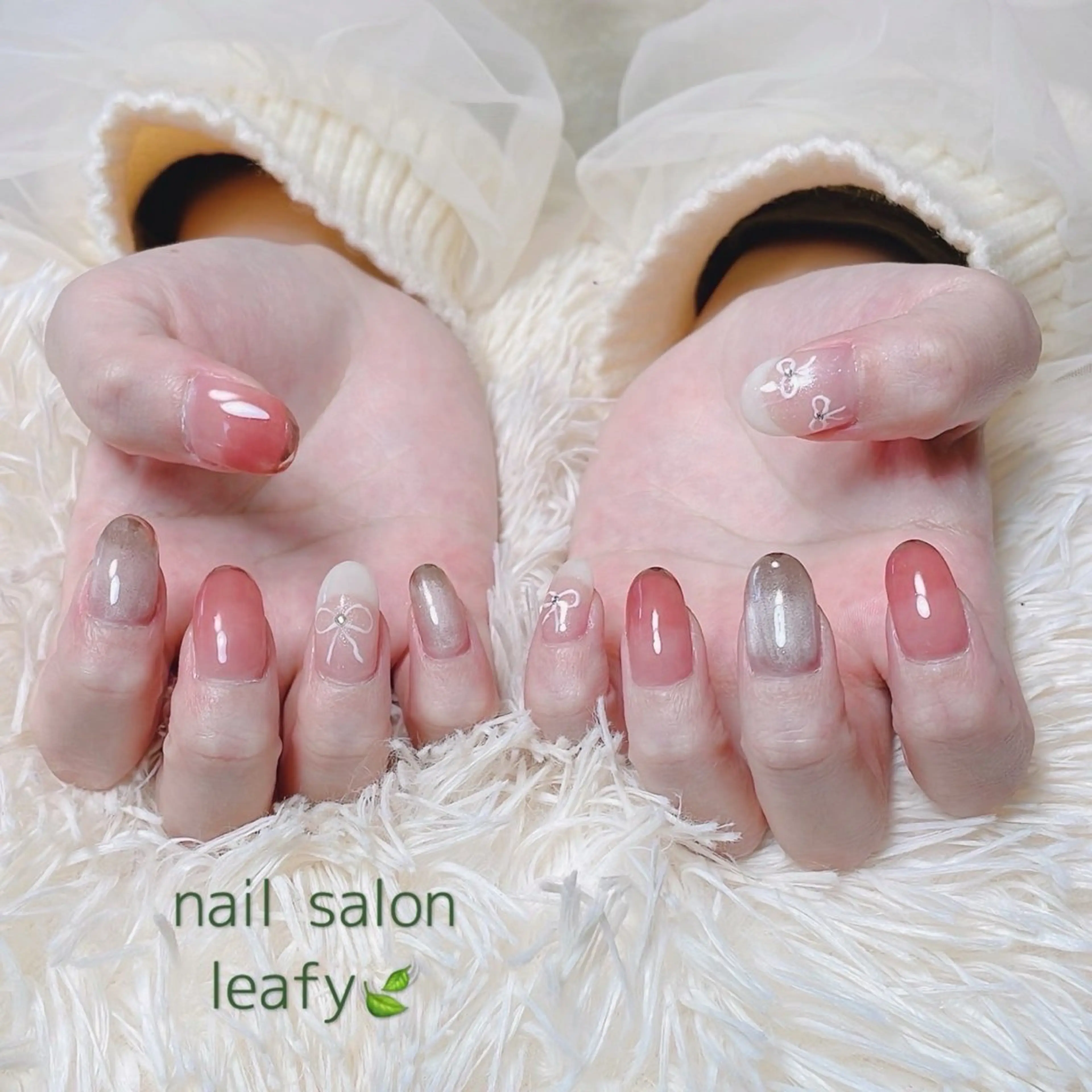 ネイル 持ち込み ニュアンスネイル リボン ネイルサロン leafyのネイルデザイン