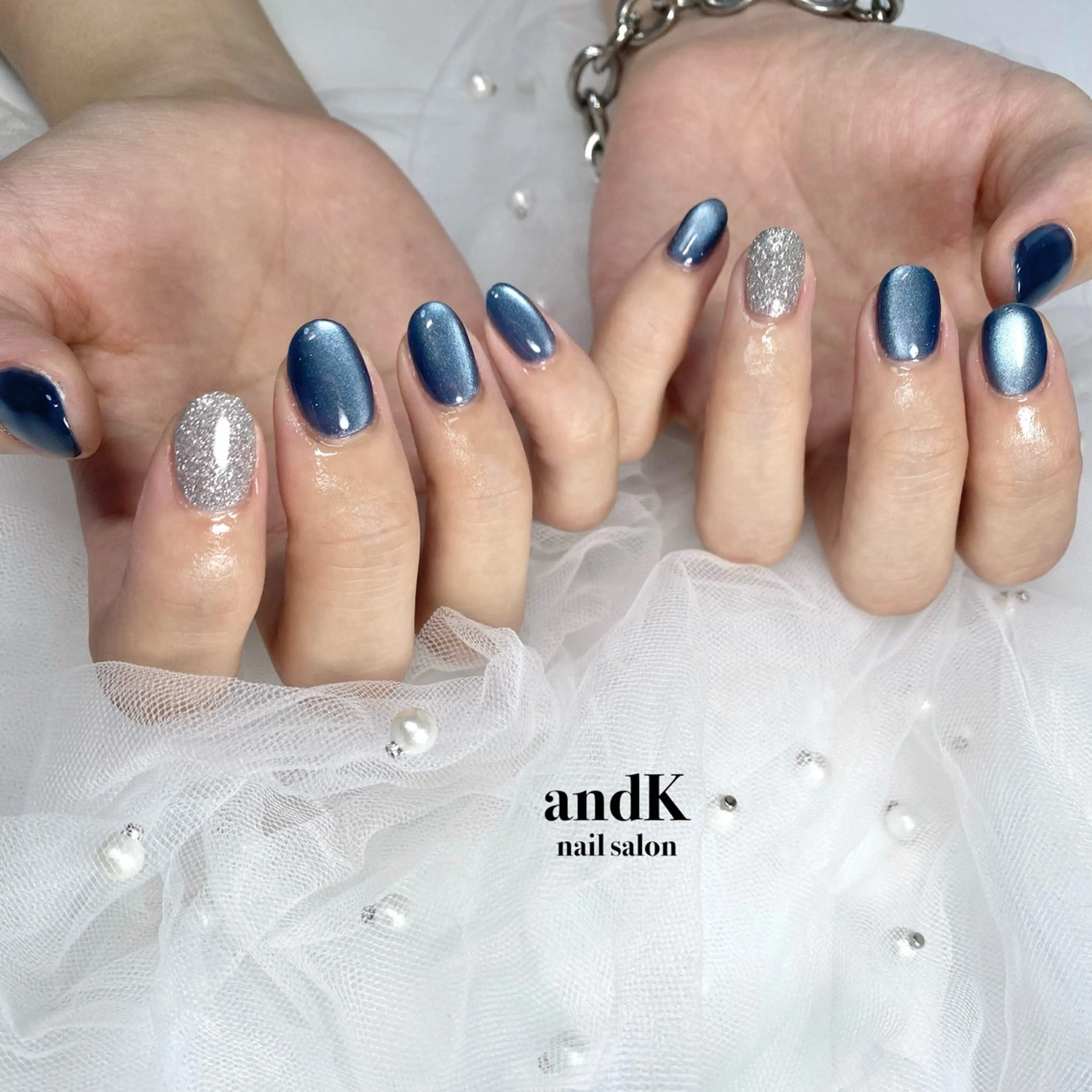 ネイル ブルー マグネットネイル ネイビー ハンドネイル andK nail salonのネイルデザイン