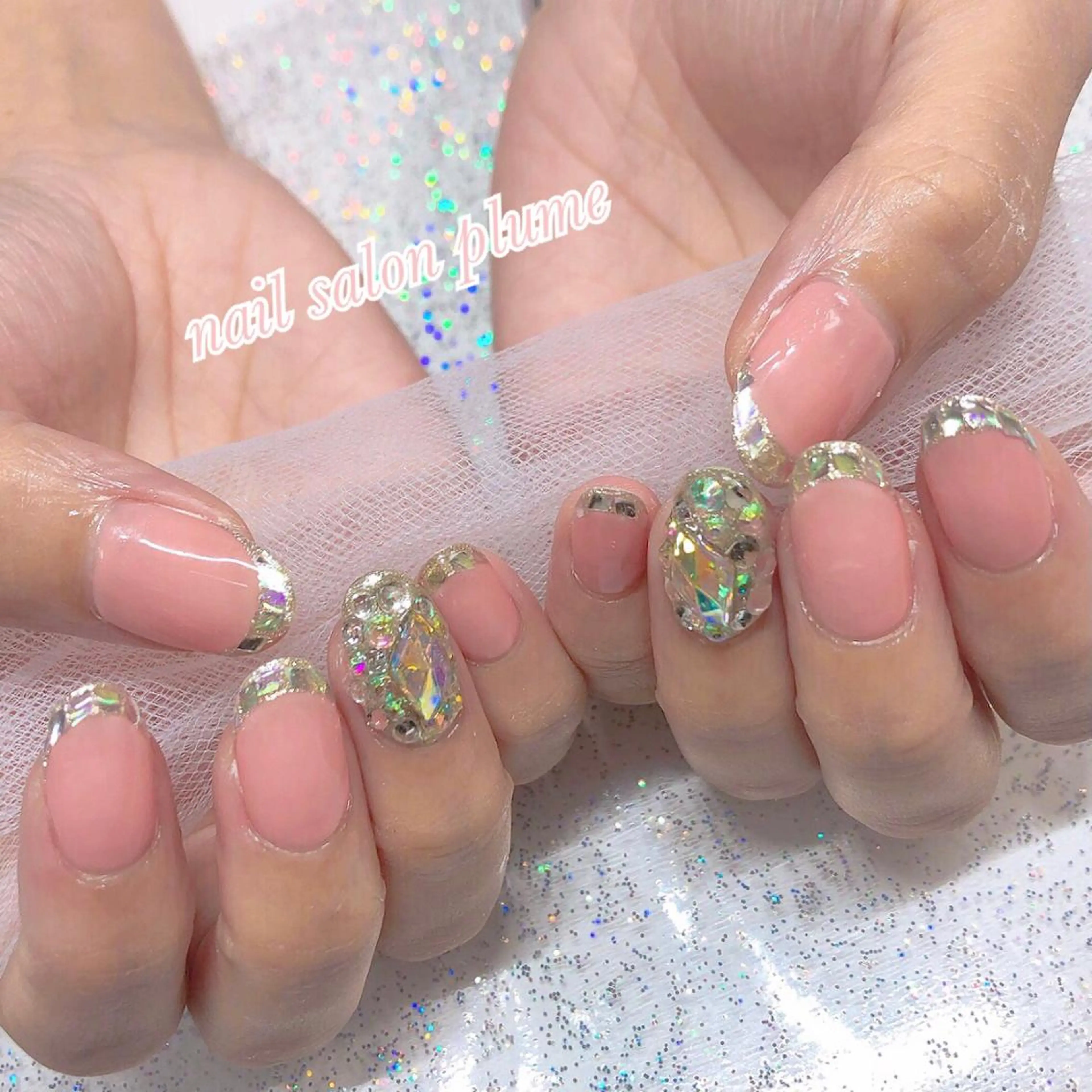 ネイル アートネイル フレンチネイル ガラスフレンチ ハート キラキラネイル plume nail ☆韓国ネイルのネイルデザイン