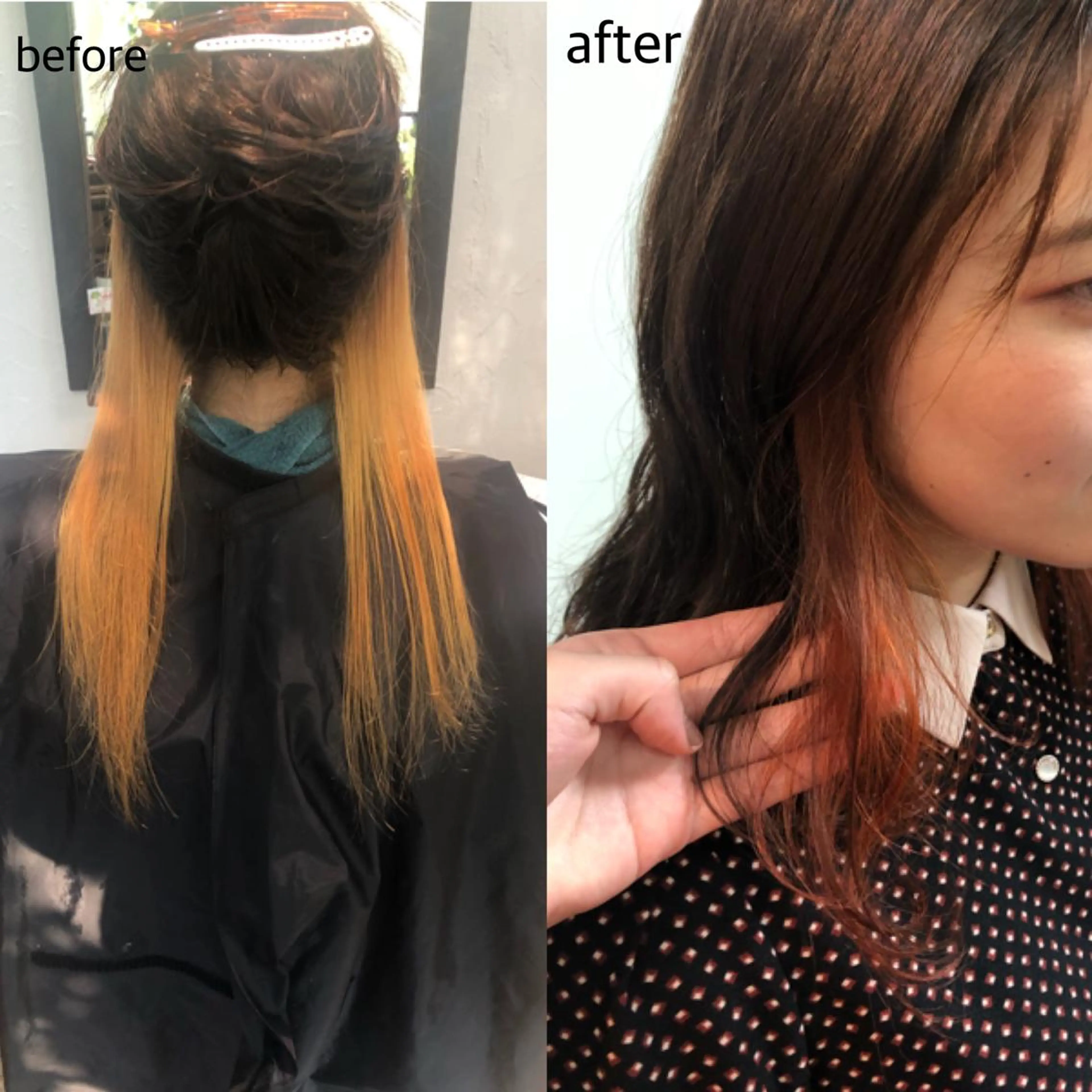 セミロング カラー ブリーチ オレンジ 桑原 菜摘のヘアスタイル