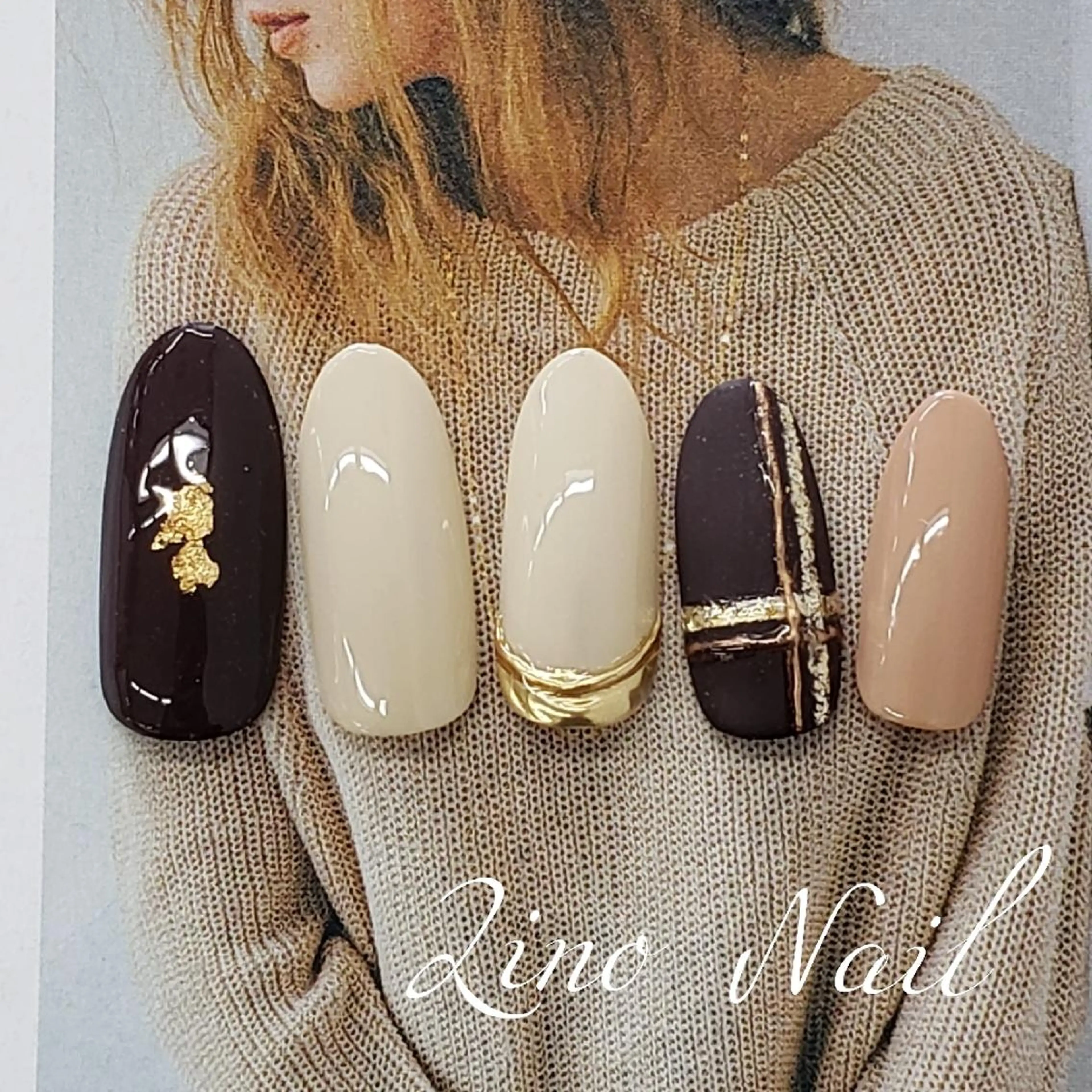 ネイル ブラウン カジュアル ジェルネイル マットネイル ミラーネイル ハンドネイル Lino Nailのネイルデザイン