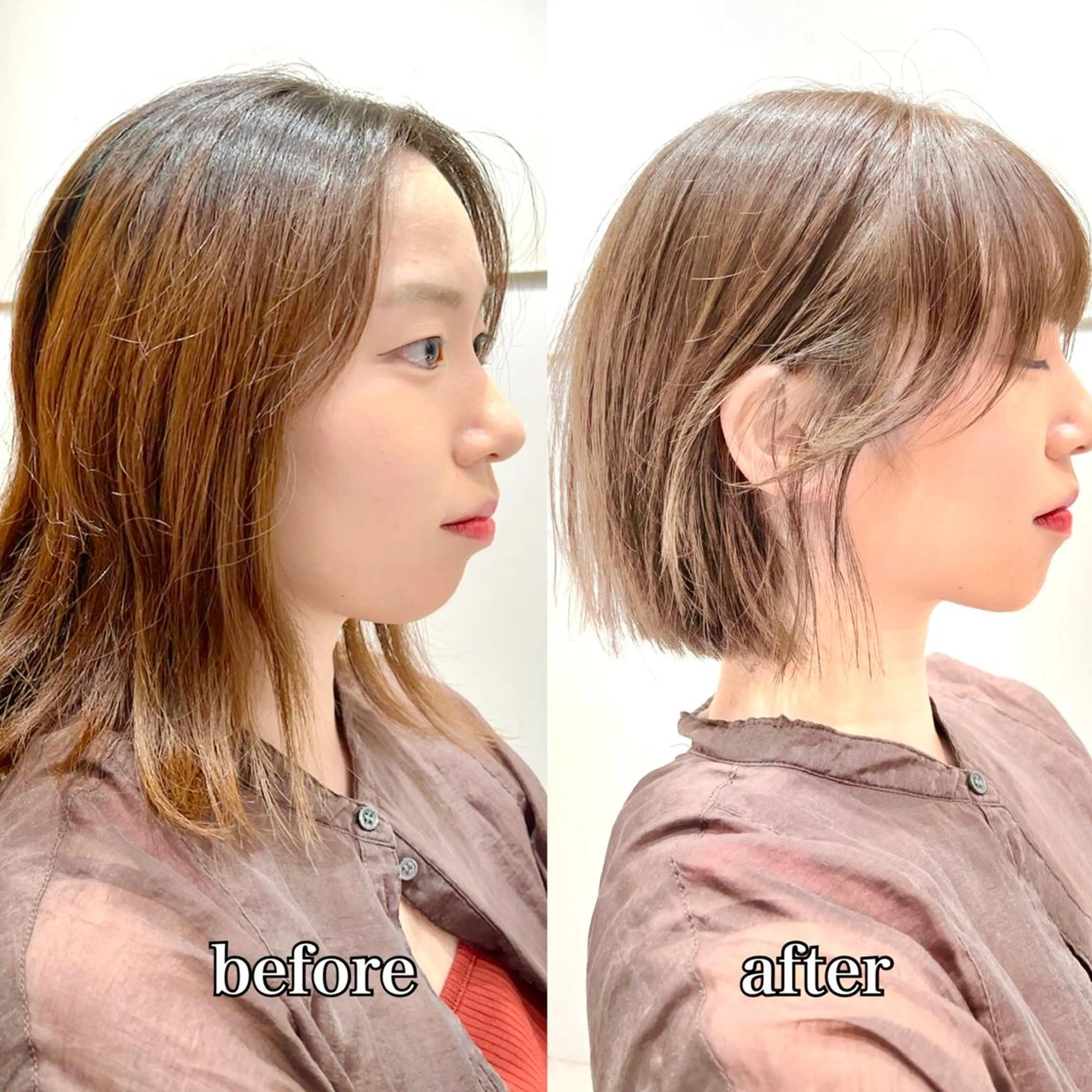 ショート カラー 切りっぱなしボブ 前下がりボブ ベージュカラー ブリーチ グレージュ カット ヘアカラー トリートメント ニュアンスレイヤー ハイトーンカラーのヘアスタイル