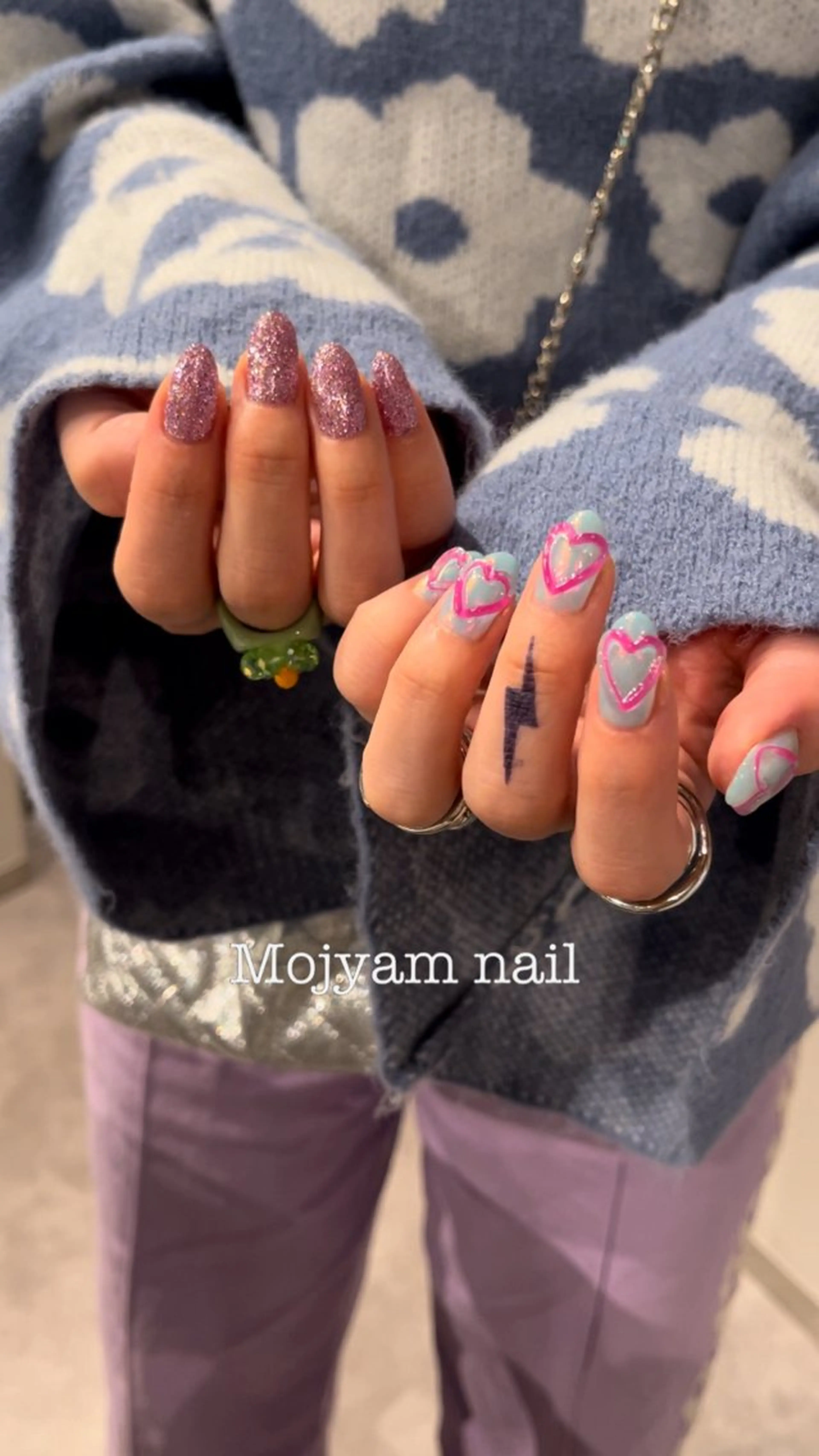 ネイル ハート ラメ(グリッター) ぷっくりネイル 冬ネイル ハンドネイル Mojyam nail所属・松本 実咲のネイルデザイン