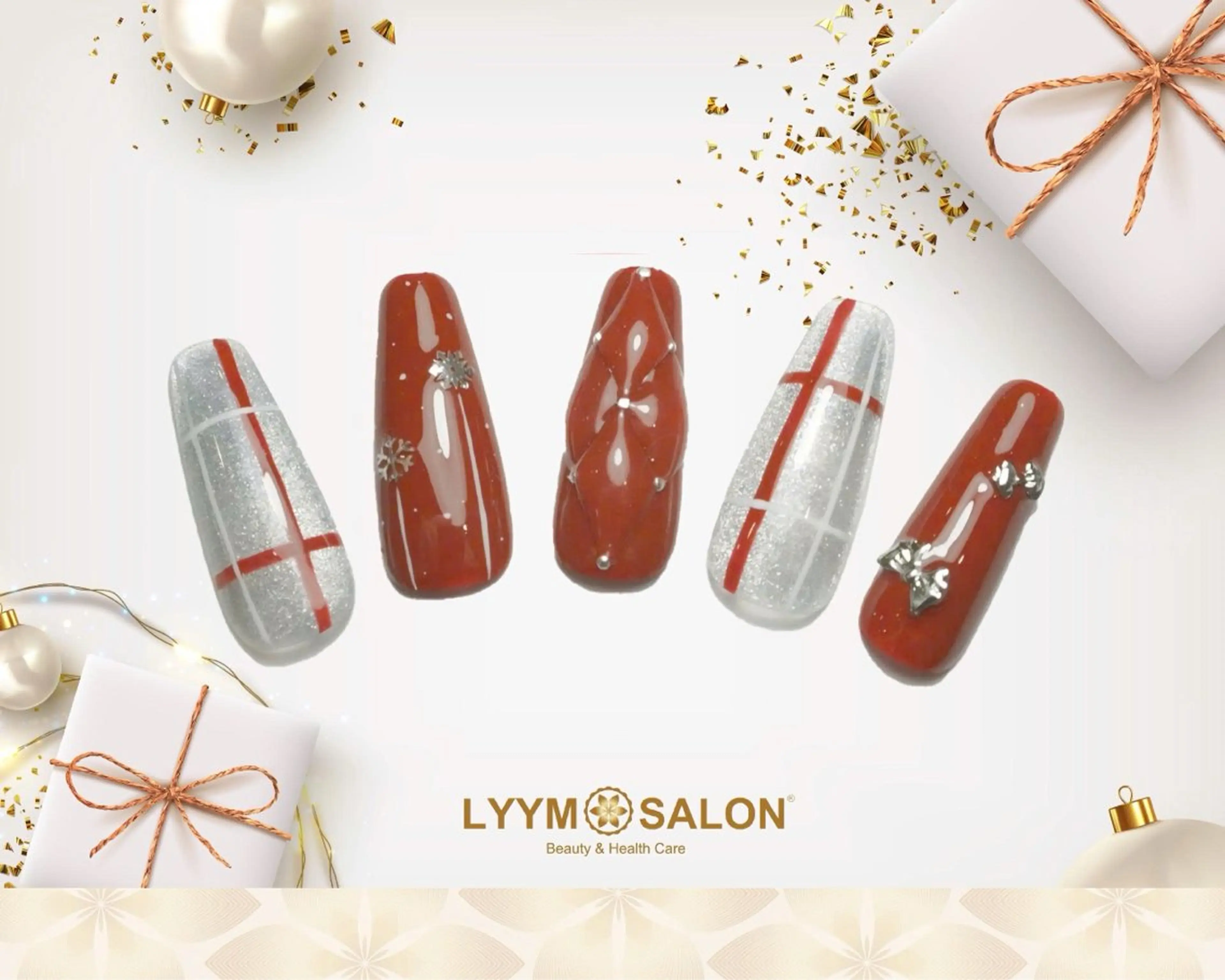 ネイル 韓国ネイル 赤色 シルバー 冬ネイル クリスマス ハンドネイル LYYM Salonのネイルデザイン
