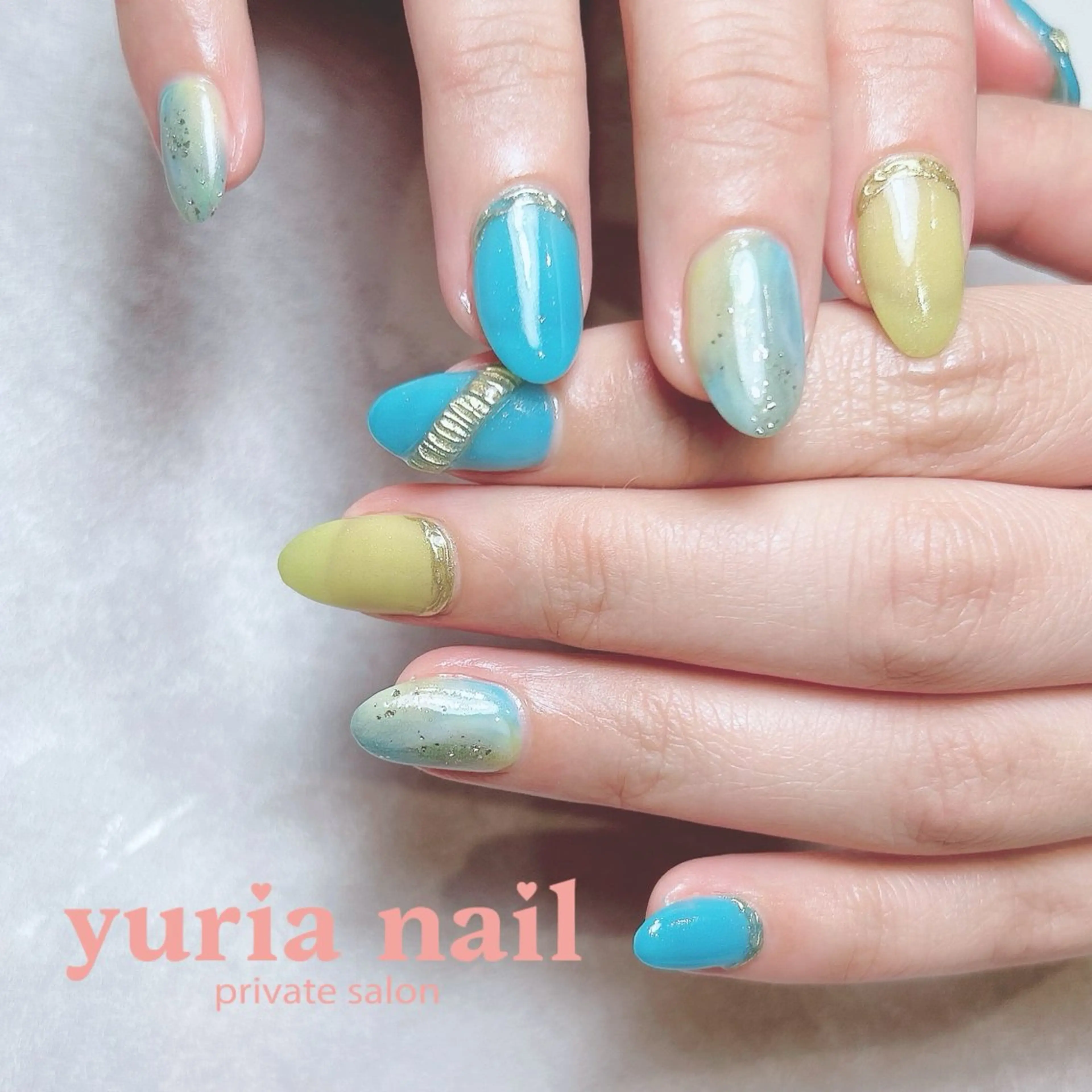ネイル ブルー ジェルネイル グリーン ニュアンスネイル ハンドネイル 小林 ゆりあのネイルデザイン