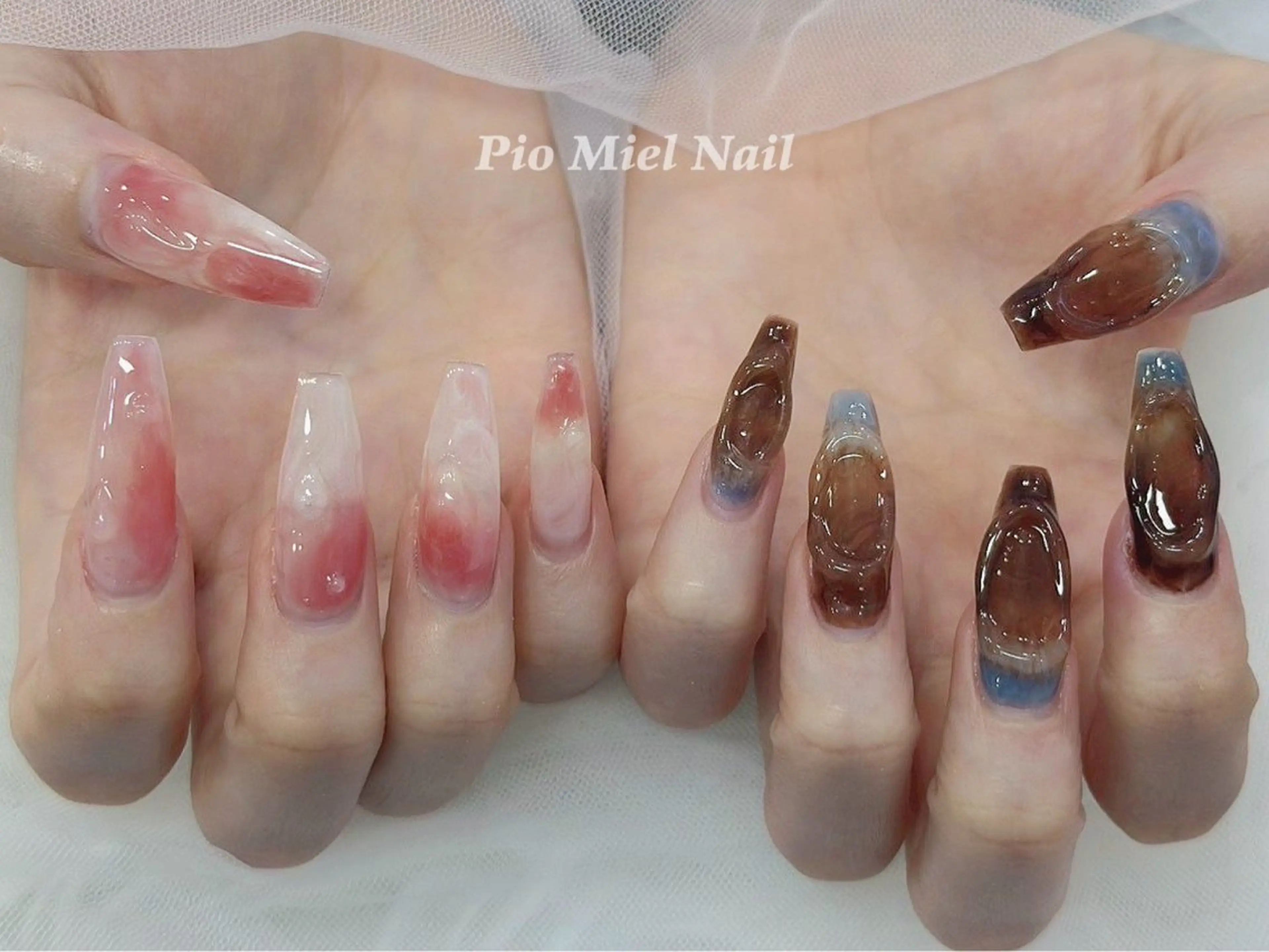 ネイル ブラウン 韓国ネイル ロングネイル ミラーネイル ニュアンスネイル ハンドネイル HANA 長さだしのネイルデザイン