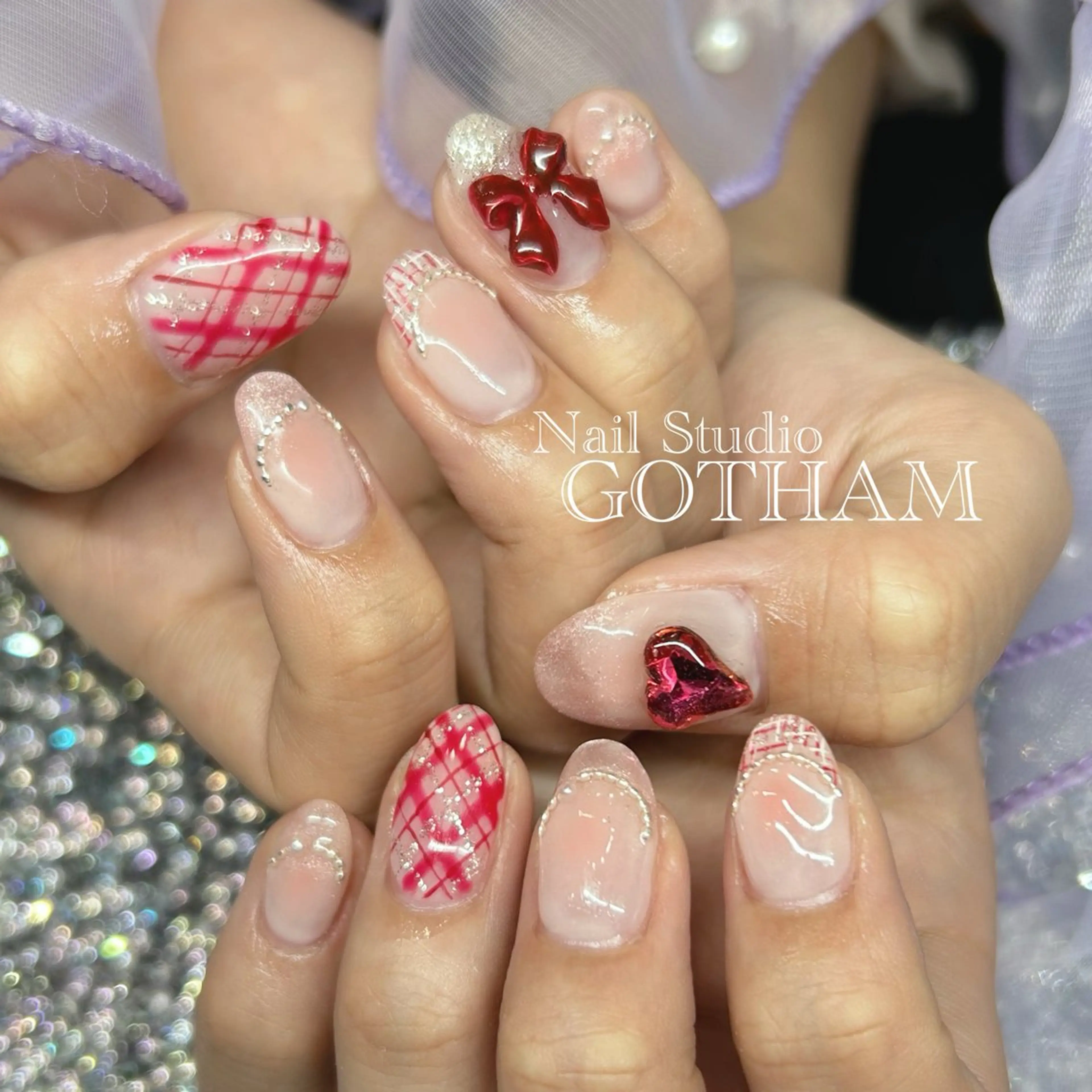 ネイル ハート リボン ハンドネイル Nail Studio GOTHAM所属・高円寺駅からすぐ🌈 ネイルGOTHAMのネイルデザイン