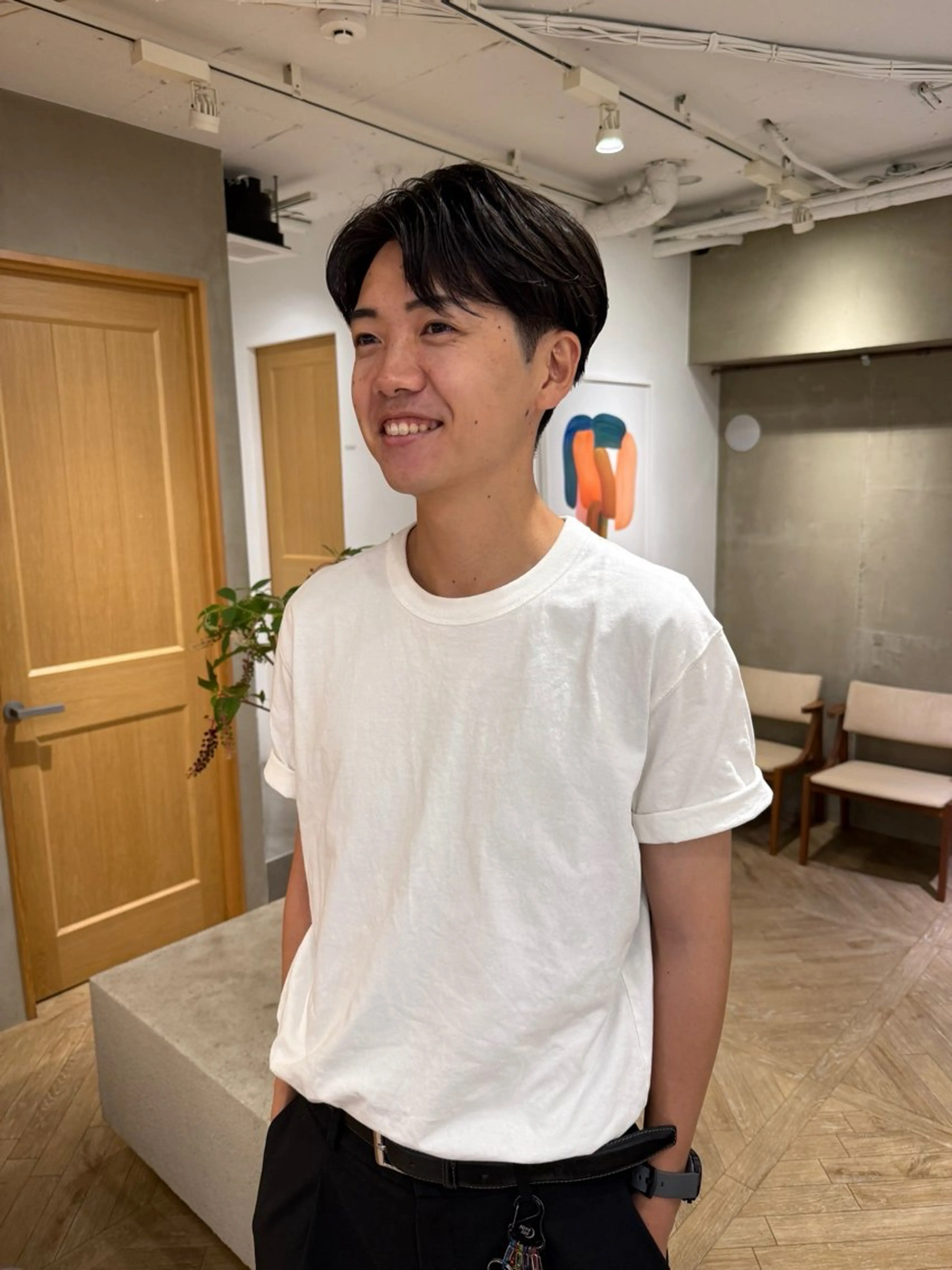 ミディアム パーマ メンズ パーマ センターパート 田形清流のヘアスタイル