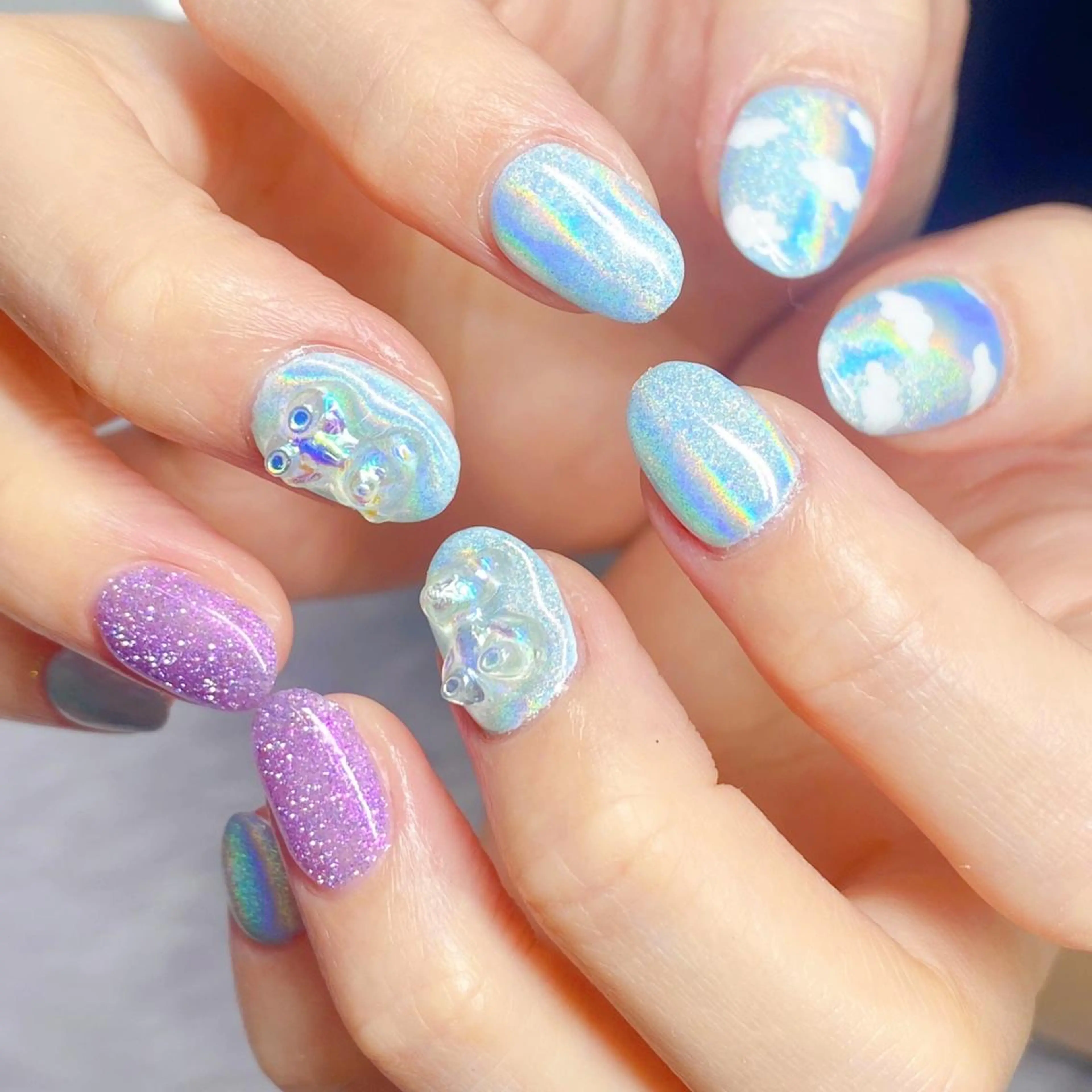 ネイル アートネイル 水色 ハンドネイル ハンドケア 💐ka yo💐（東白楽）のネイルデザイン