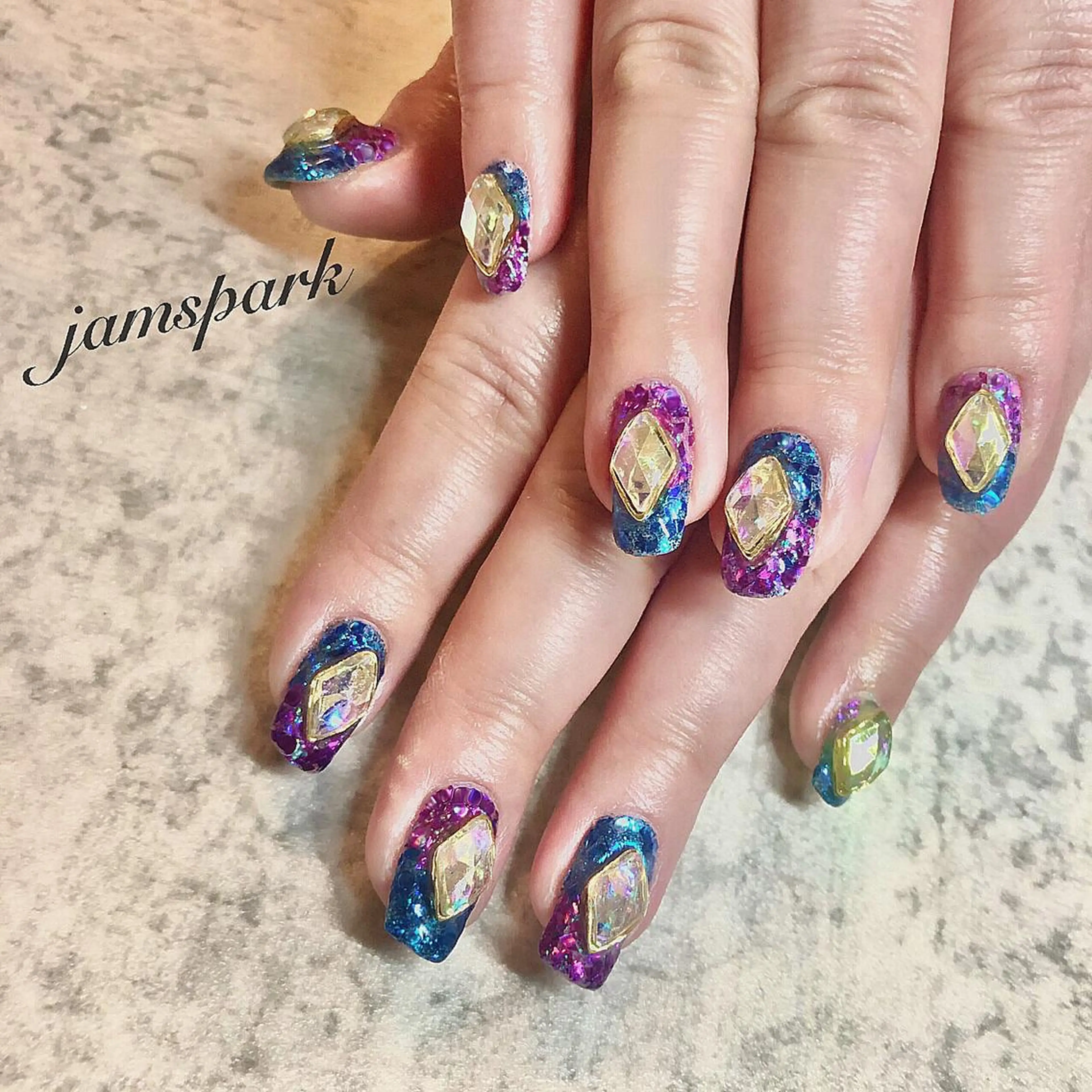 ネイル ブルー ジェルネイル ホログラムネイル ラメ(グリッター) 持ち込み ハンドネイル jamspark ✨のネイルデザイン
