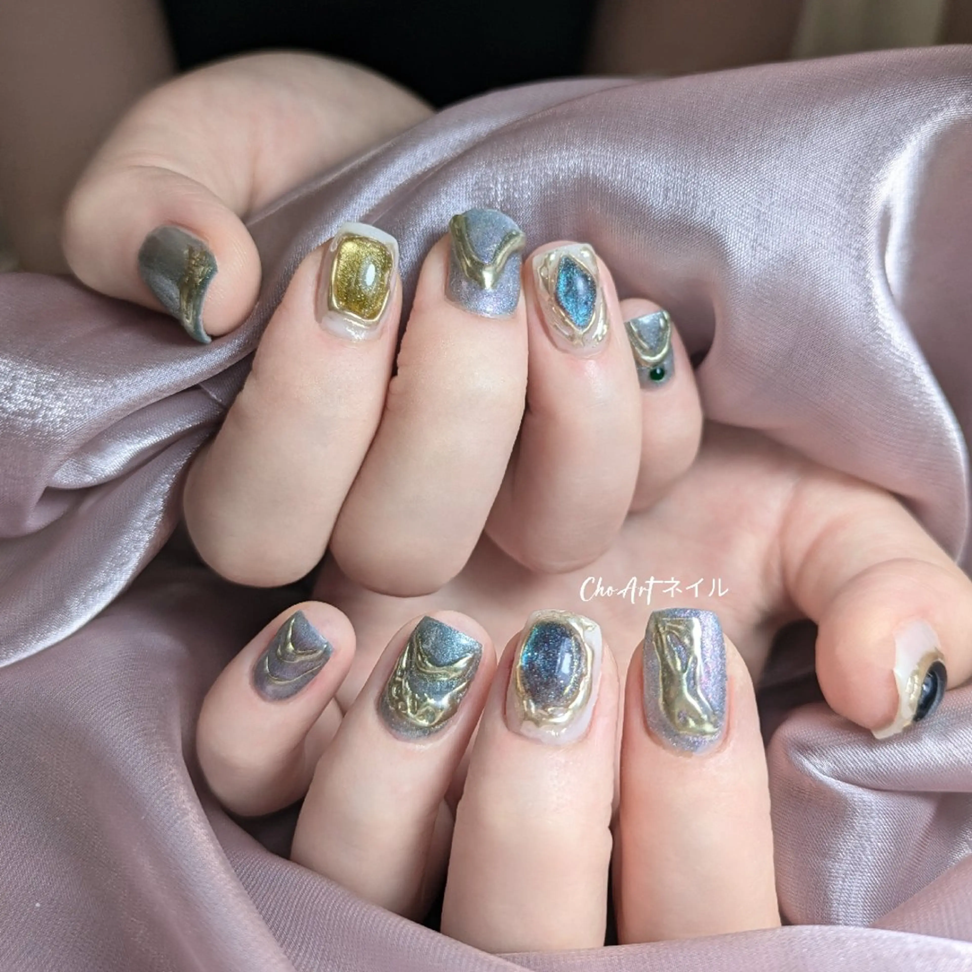 ネイル アートネイル ブルー ジェルネイル マグネットネイル ミラーネイル Cho Artネイル所属・Cho Art ネイルのネイルデザイン