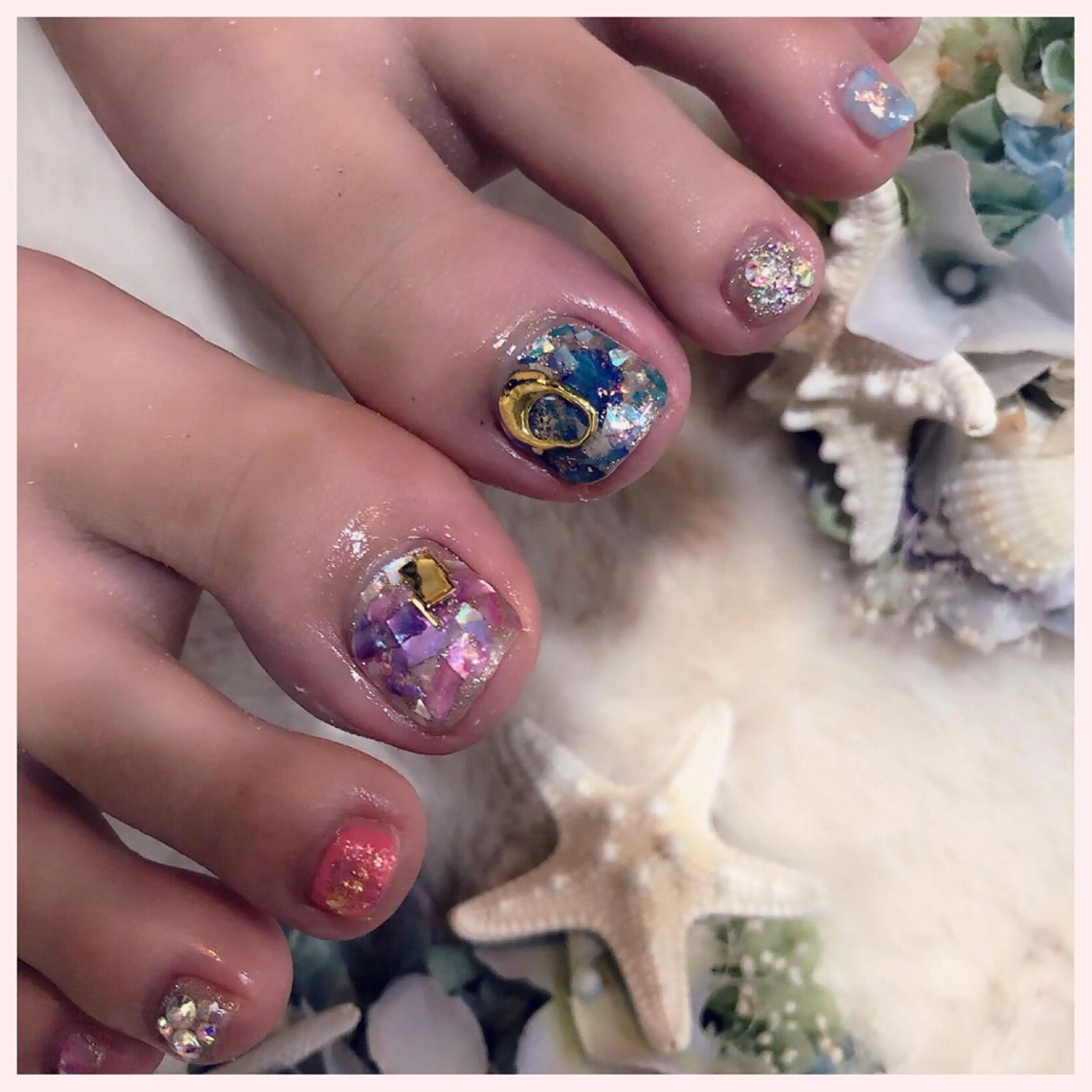 ネイル ブルー フットネイル ピンク パープル フットネイル YAS 青柳 安代のネイルデザイン
