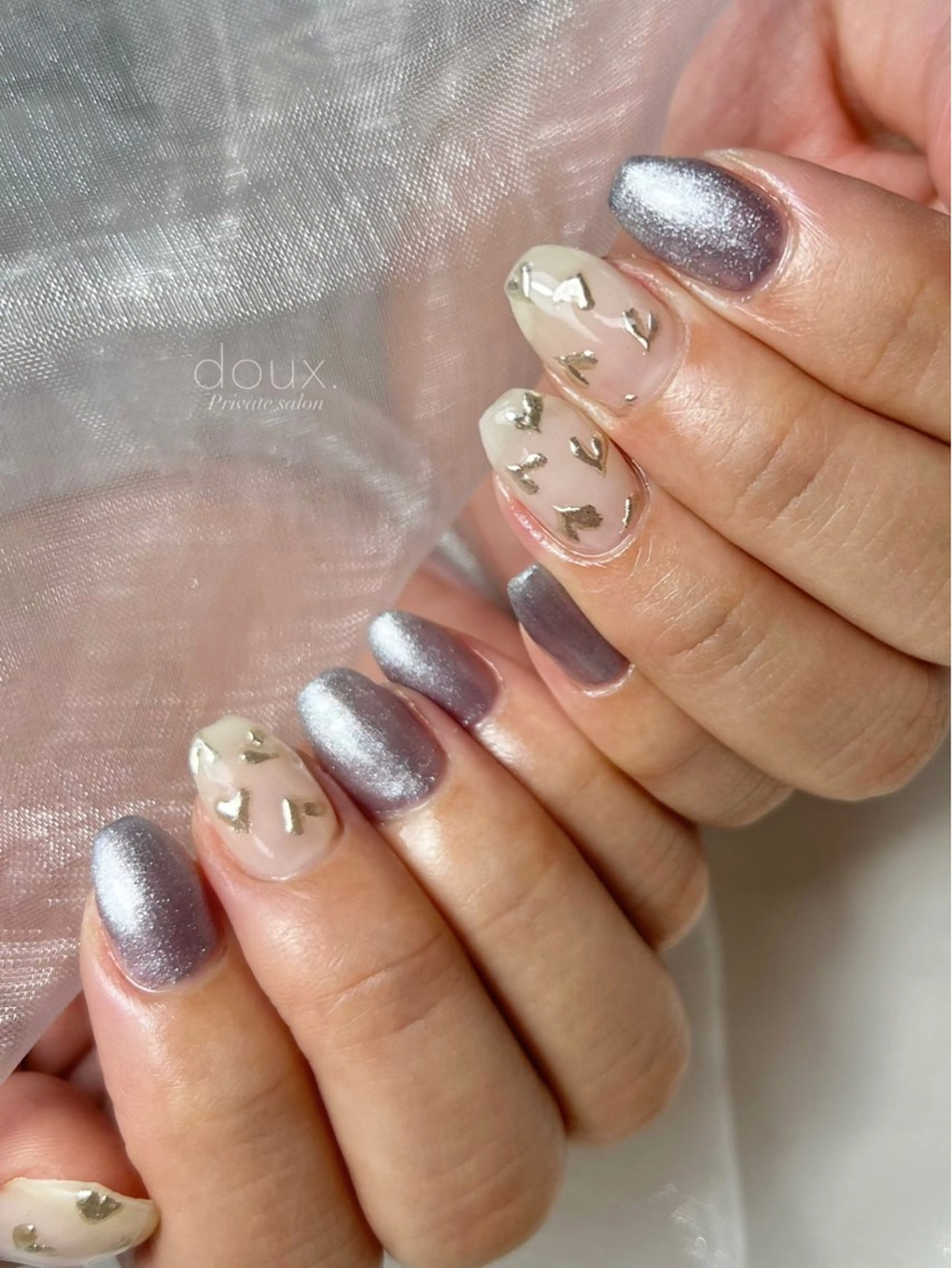 ネイル ハート マグネットネイル ミラーネイル ニュアンスネイル 冬ネイル ハンドネイル doux. nailのネイルデザイン