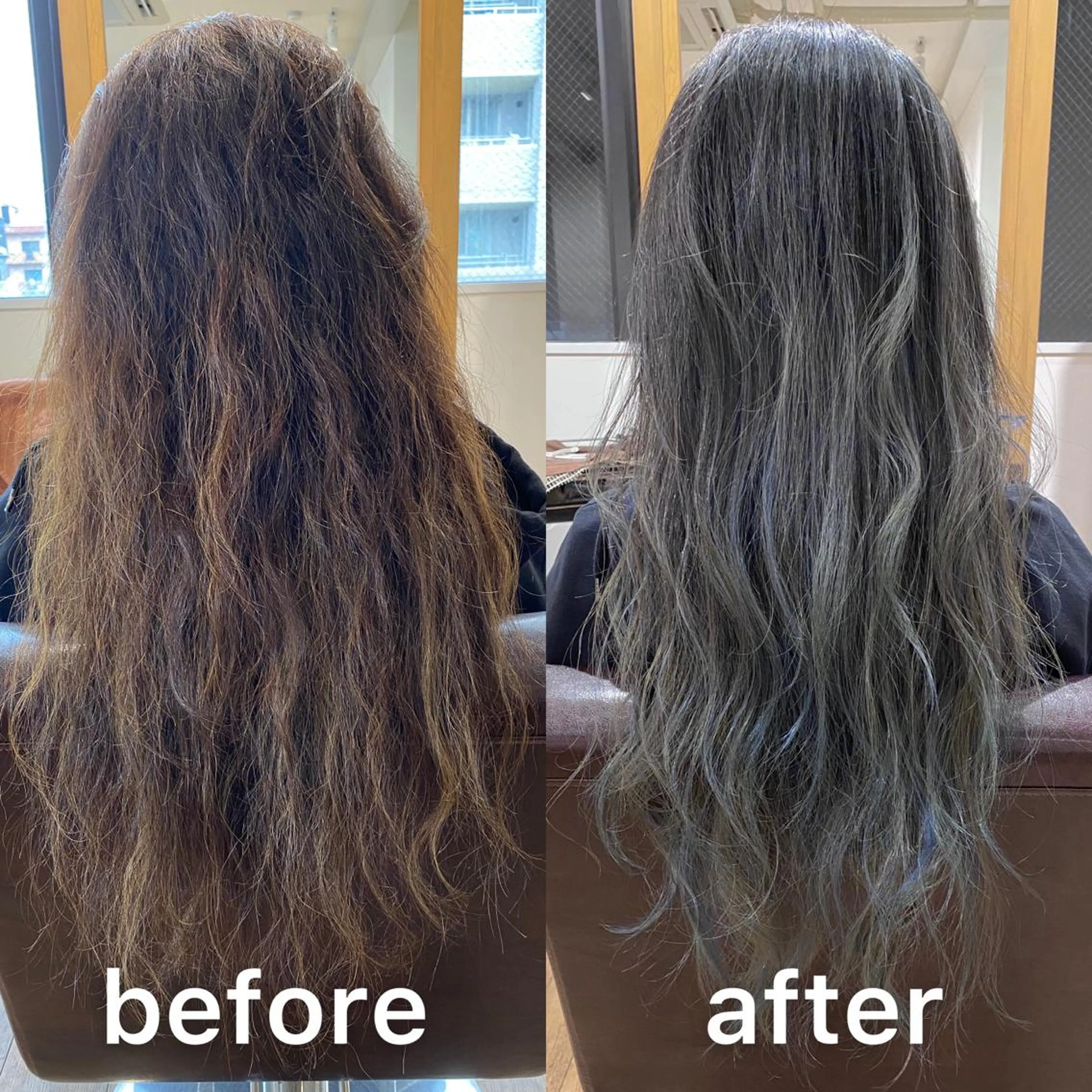 ロング カラー アッシュ バレイヤージュ ブリーチ ブルーカラー ケアブリーチ KIZU 髪質改善 オカルト怪談のヘアスタイル