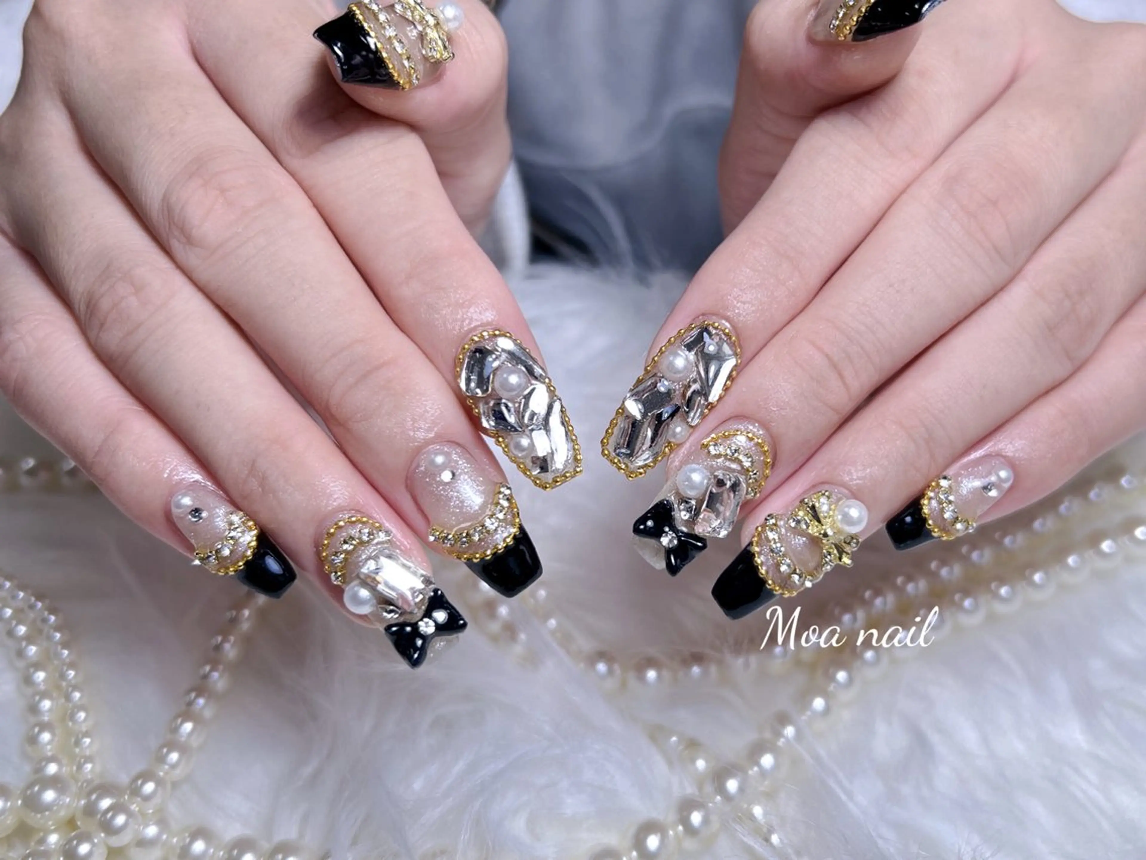 ネイル 長さ出し フレンチネイル キラキラネイル マグネットネイル リボン ハンドネイル Moa nailのネイルデザイン