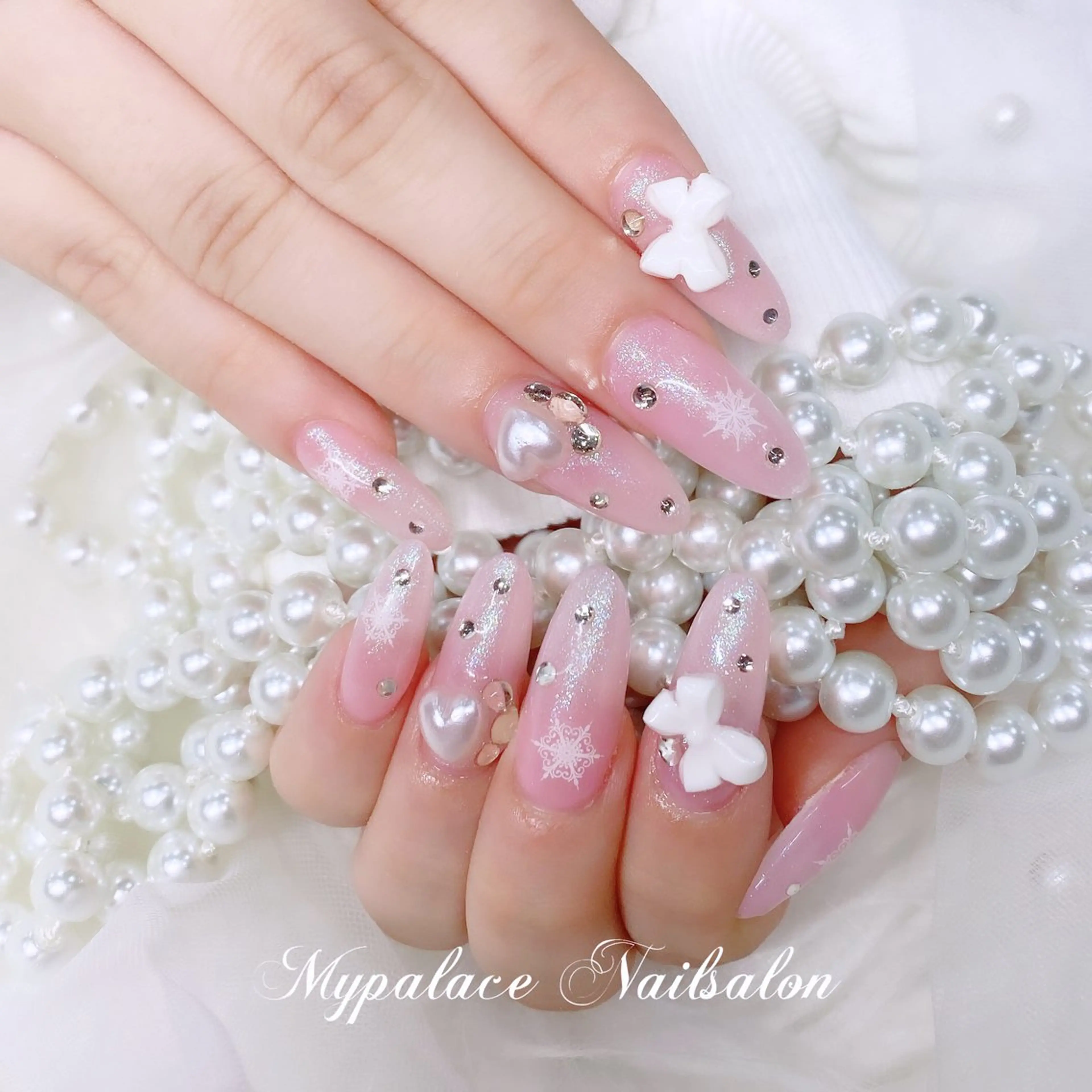 ネイル ハート ピンク リボン ストーンネイル ハンドネイル Yuis Nailスカルプ専門のネイルデザイン