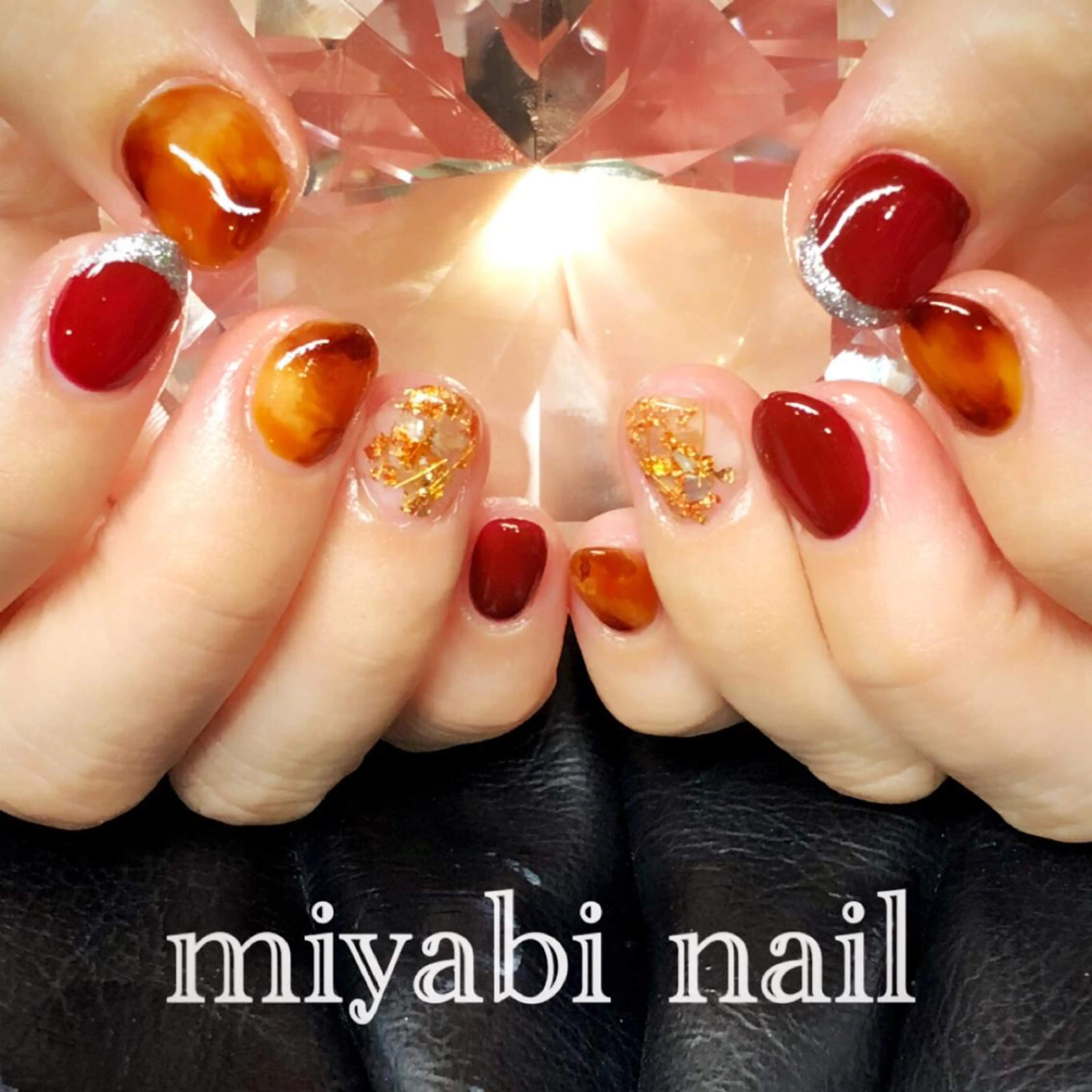 ネイル アートネイル べっ甲ネイル ボルドー 持ち込み ハンドネイル miyabi nail 桂川駅近くのネイルデザイン