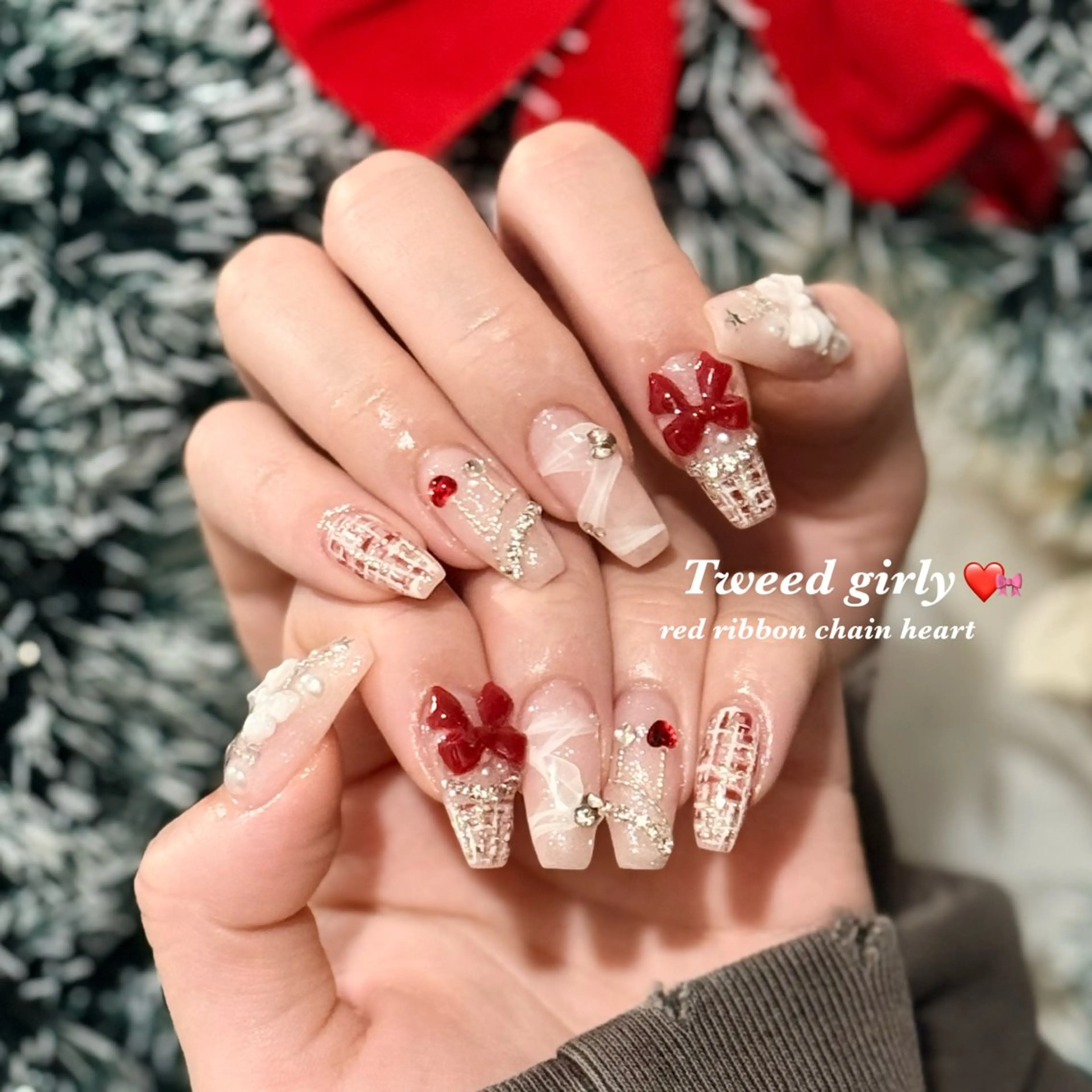 ネイル ガーリー ハート リボン ツイードネイル ワンホンネイル ハンドネイル Blanche　mimii所属・Blanche Ayaのネイルデザイン