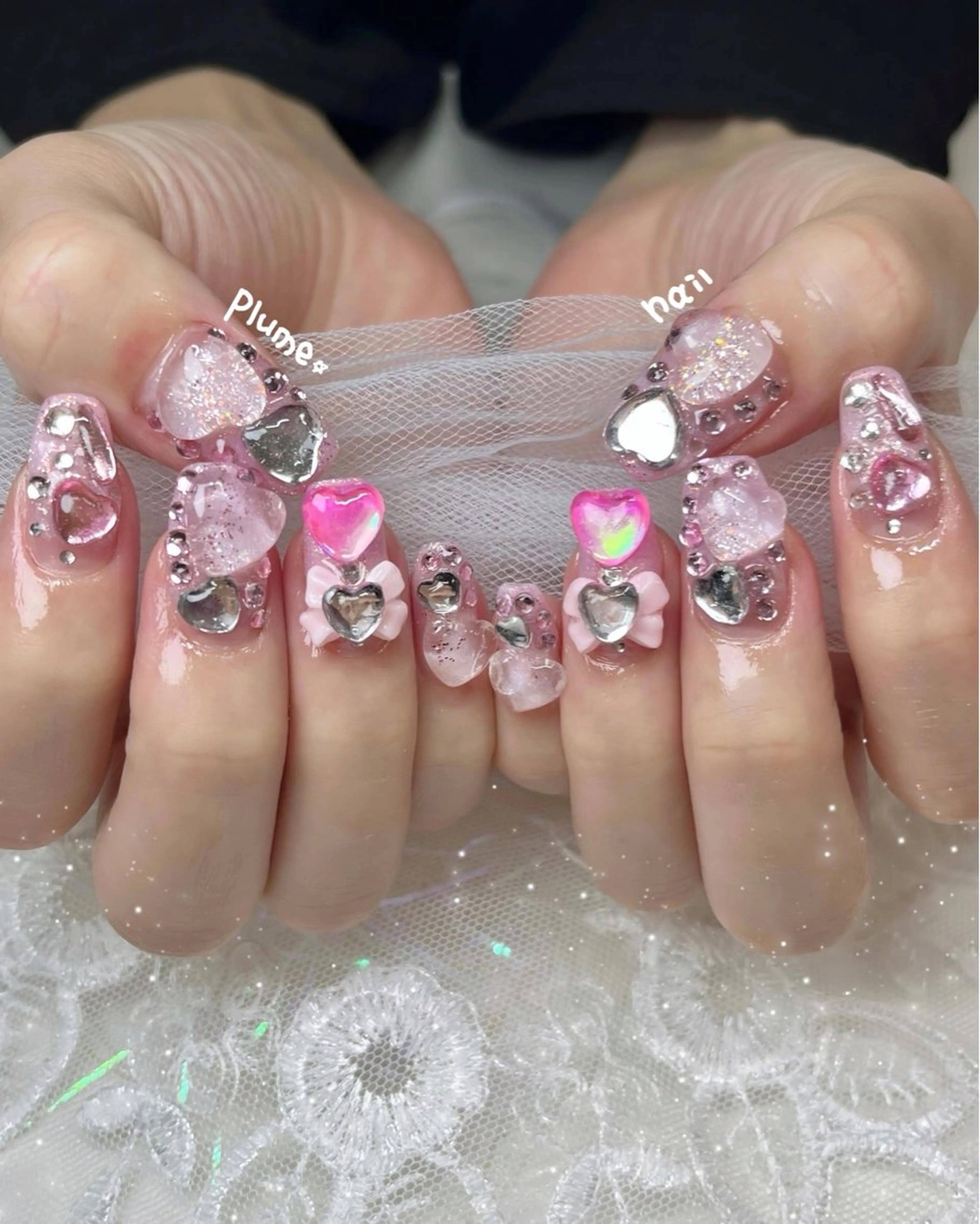 ネイル ハート キラキラネイル 韓国ネイル ピンク リボン ハンドネイル plume nail ☆韓国ネイルのネイルデザイン