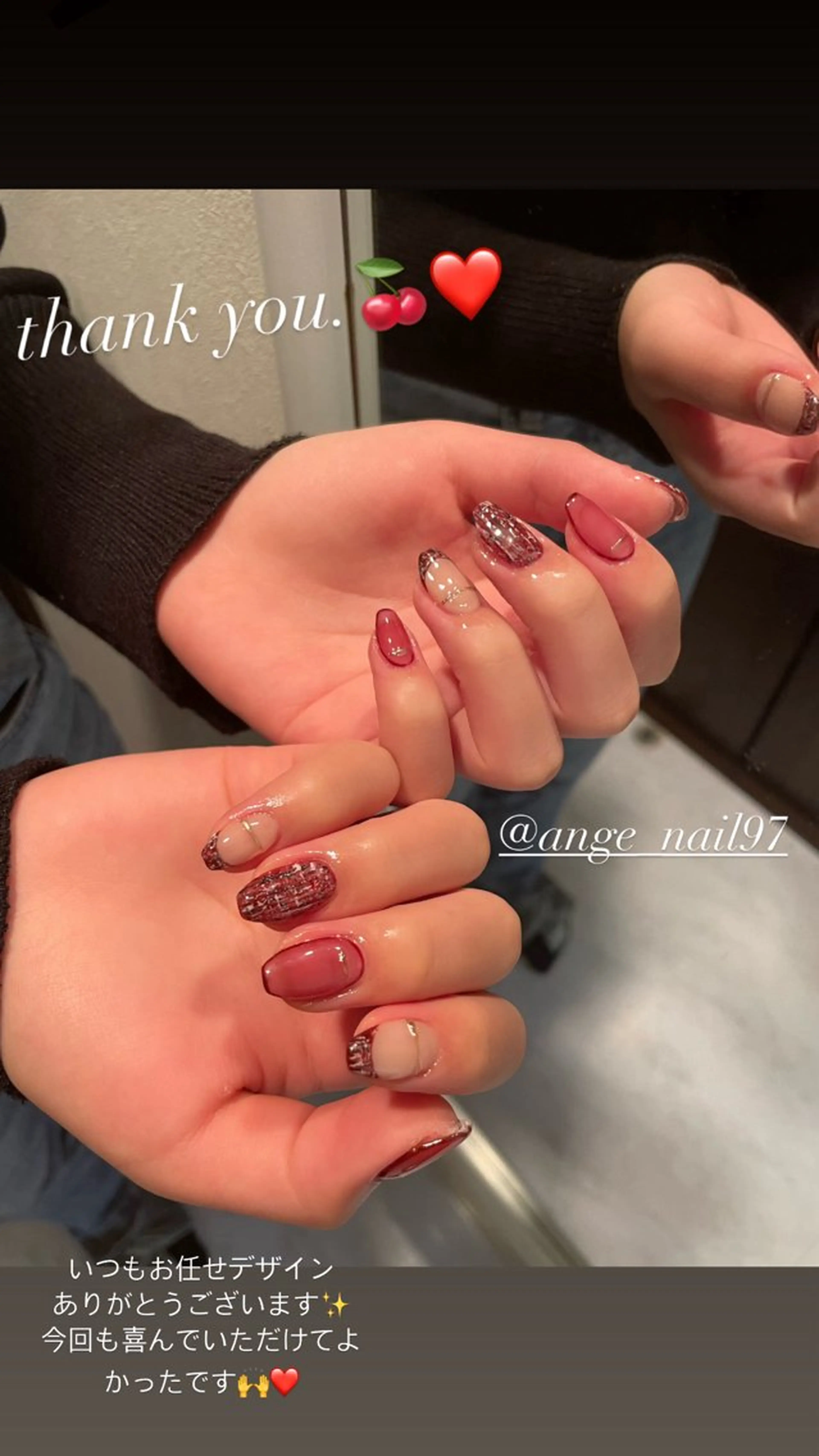 ネイル フレンチネイル ラメ(グリッター) 赤色 リボン スカルプネイル ハンドネイル Nail salon 🎀Angeのネイルデザイン