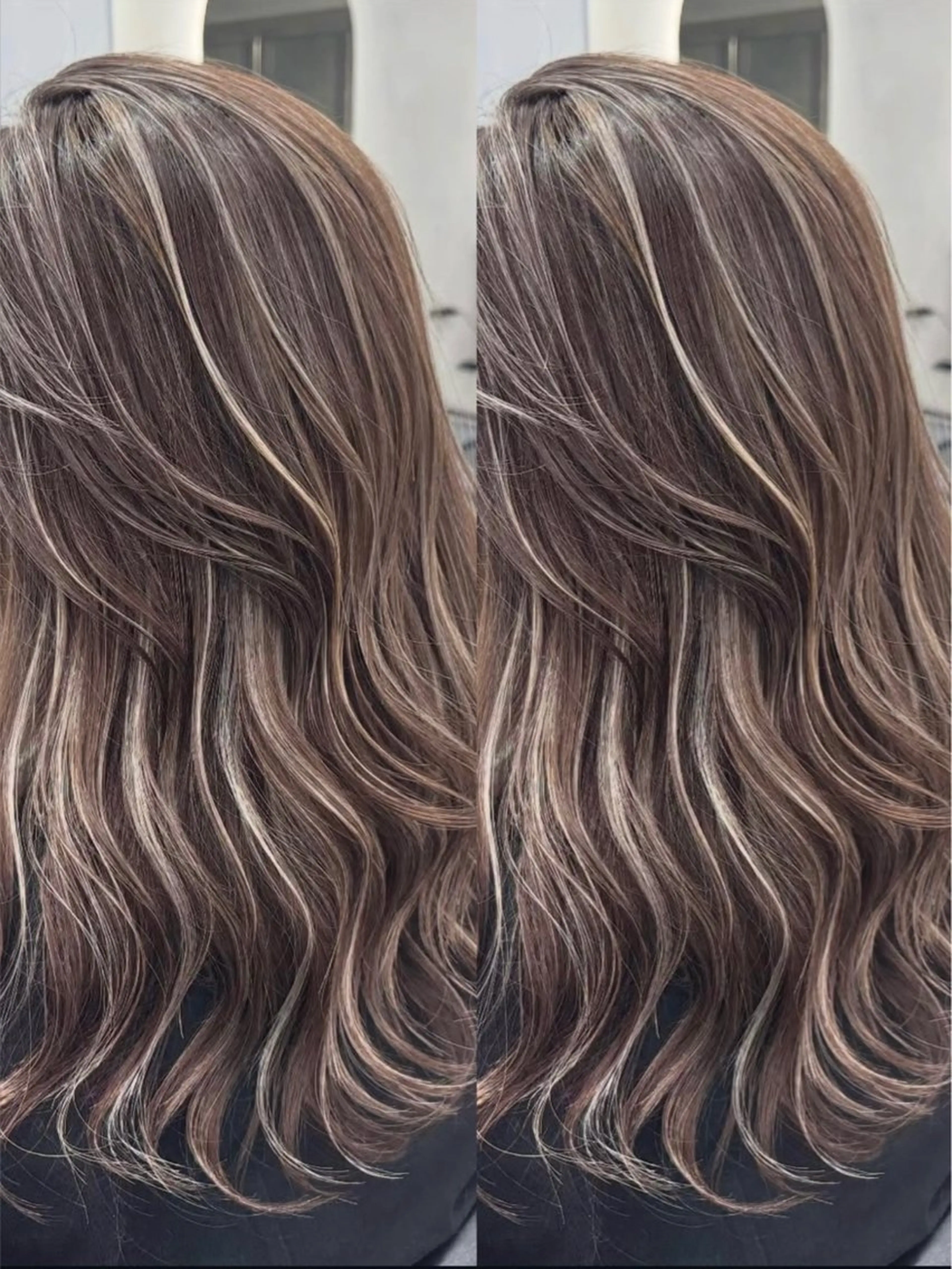 ロング カラー バレイヤージュ ベージュカラー グレージュ ハイライトカラー ミルクティーベージュ ヘアカラー ⚡️ブリーチリタッチ グレー/ハイライトのヘアスタイル