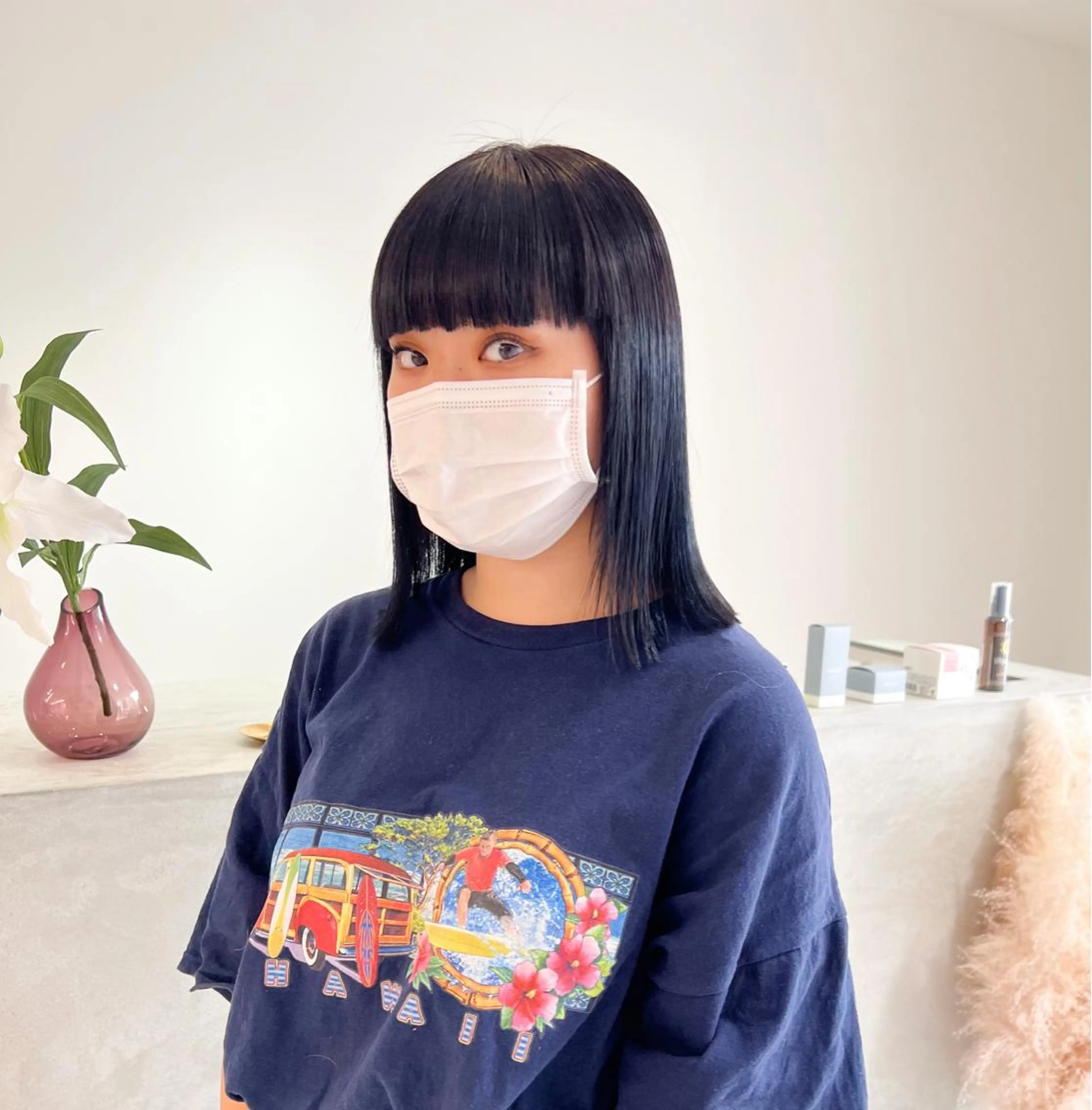 ミディアム カラー 黒髪 ブルーカラー ブルーブラック 🎀ダブルカラー/ ピンク×ガーリー🎀のヘアスタイル