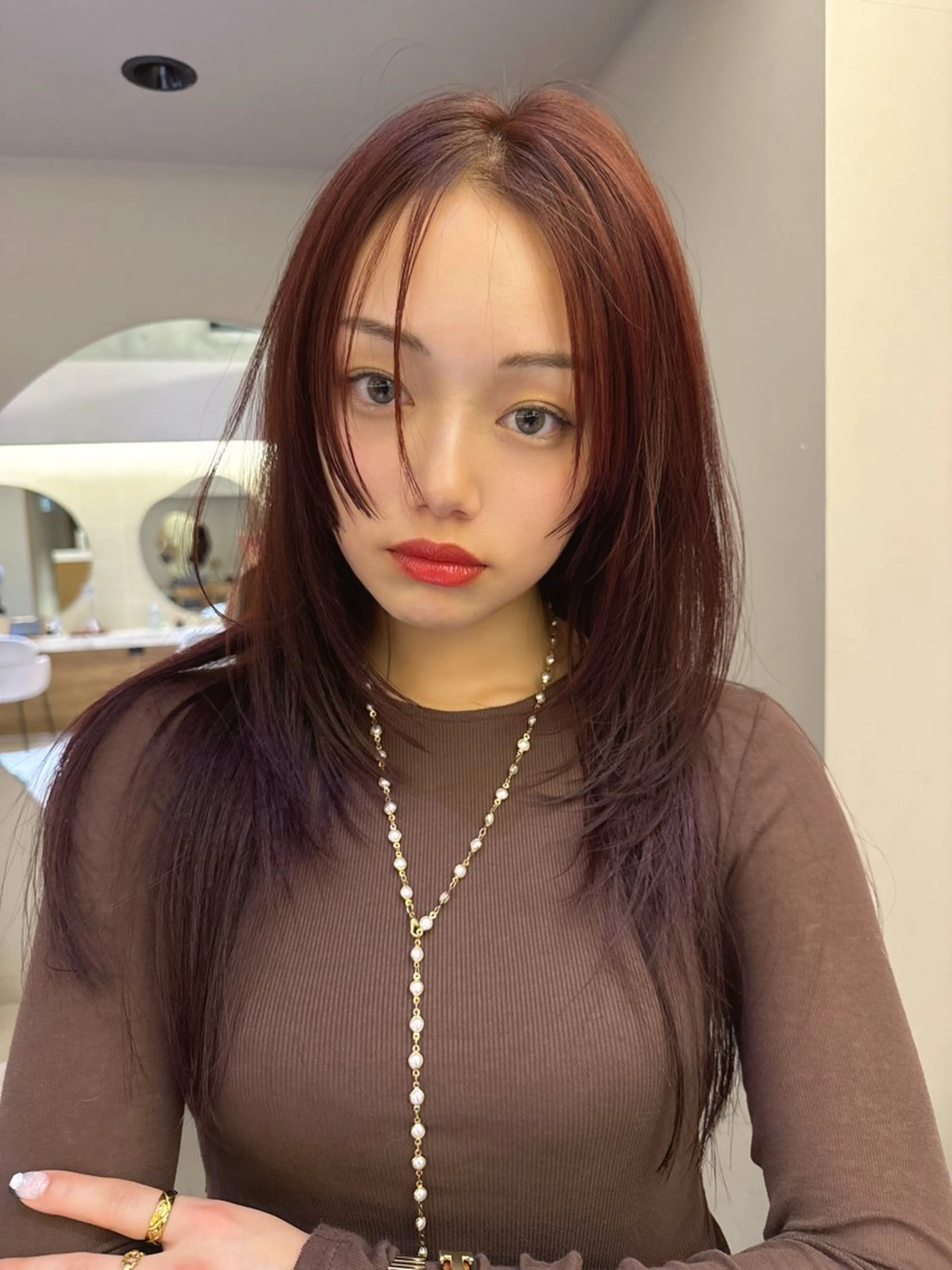 セミロング カラー ブリーチ ボルドーカラー ダブルカラー ブリーチなしカラー 姫カット カット ヘアカラー HIBIKI/原宿 ハッシュカット🪄のヘアスタイル