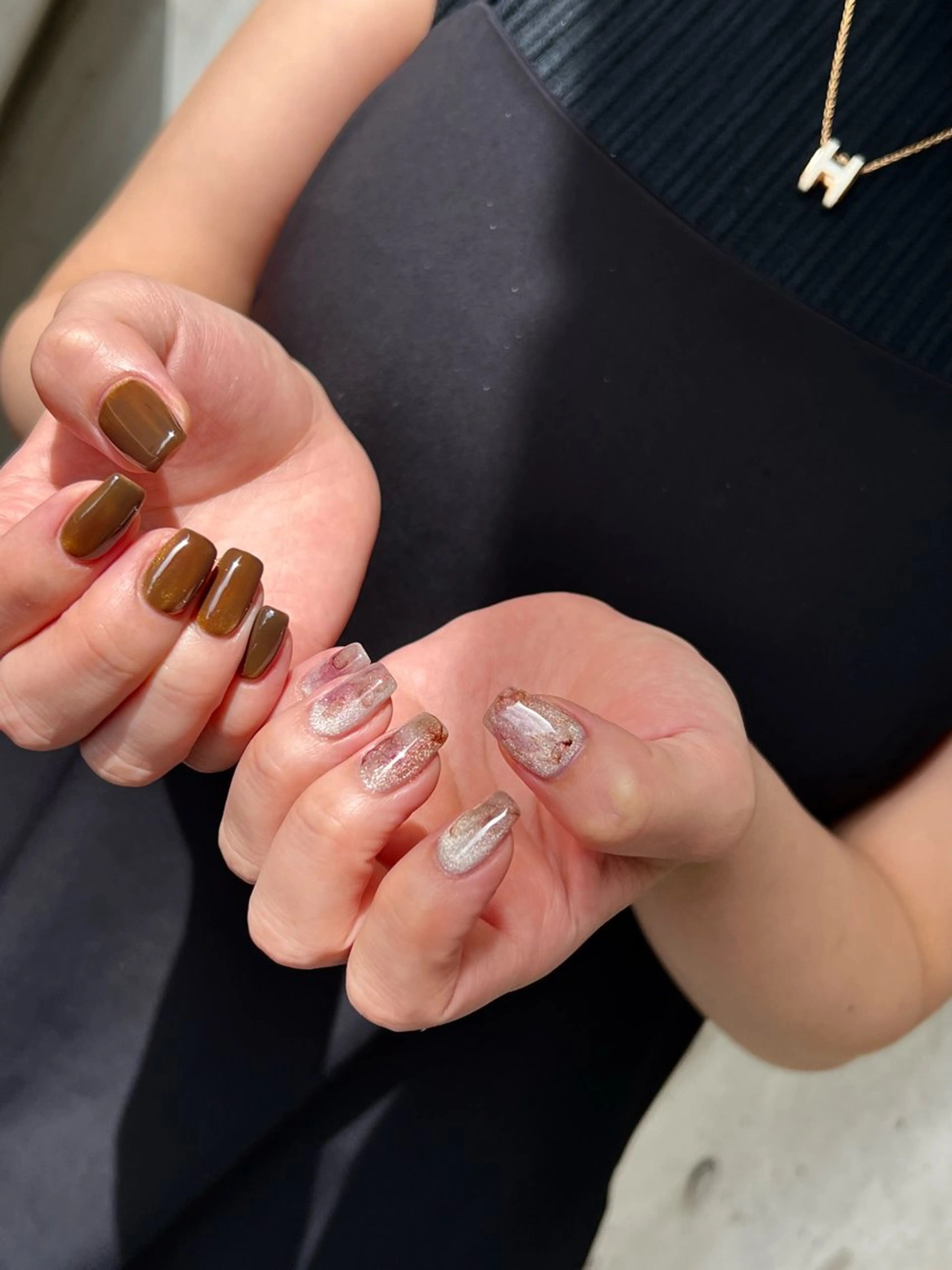 ネイル ブラウン マグネットネイル 持ち込み ニュアンスネイル 黄色 ハンドネイル ハンドケア Charme. NOBUKOのネイルデザイン
