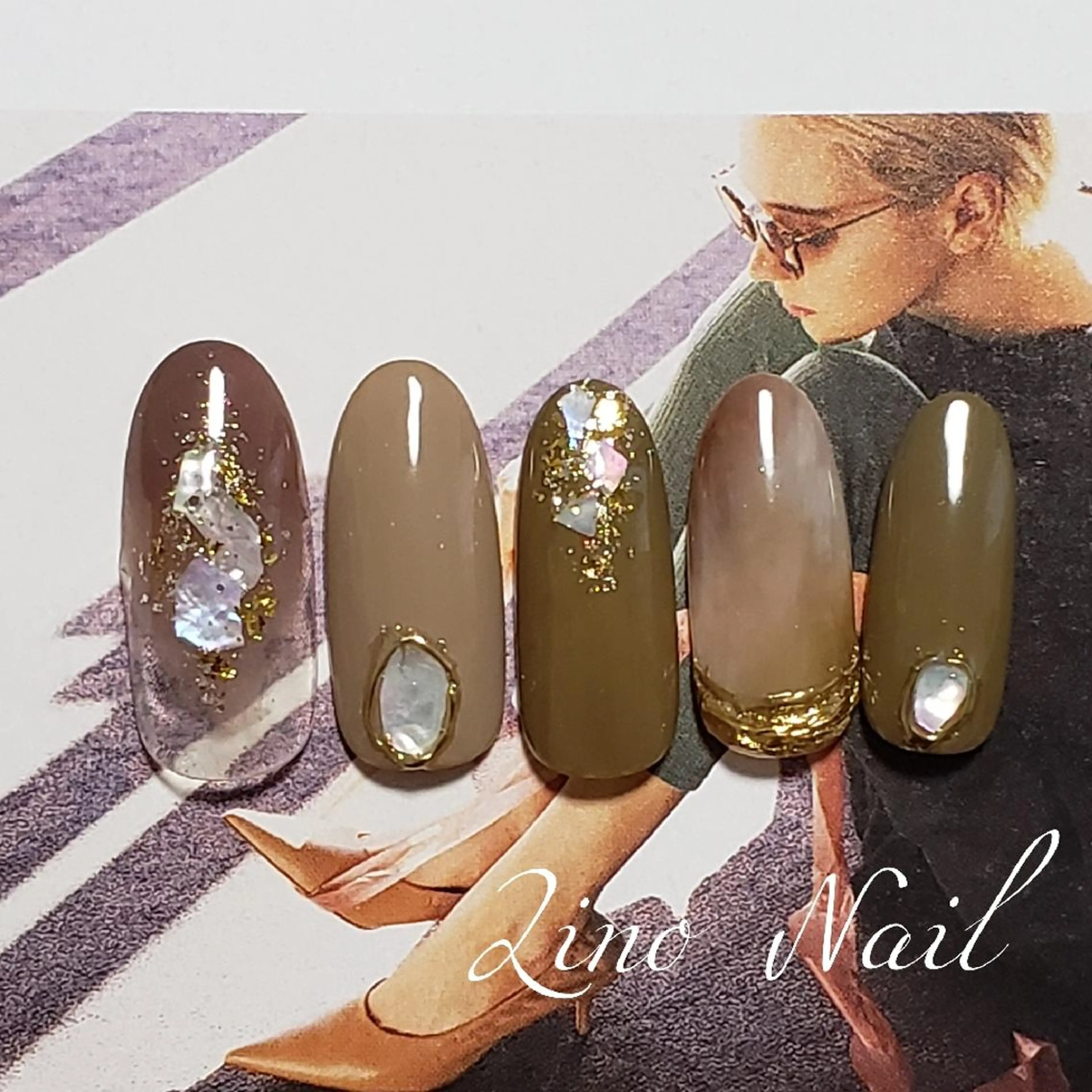 ネイル ブラウン カジュアル ジェルネイル グラデーション キラキラネイル Lino Nailのネイルデザイン