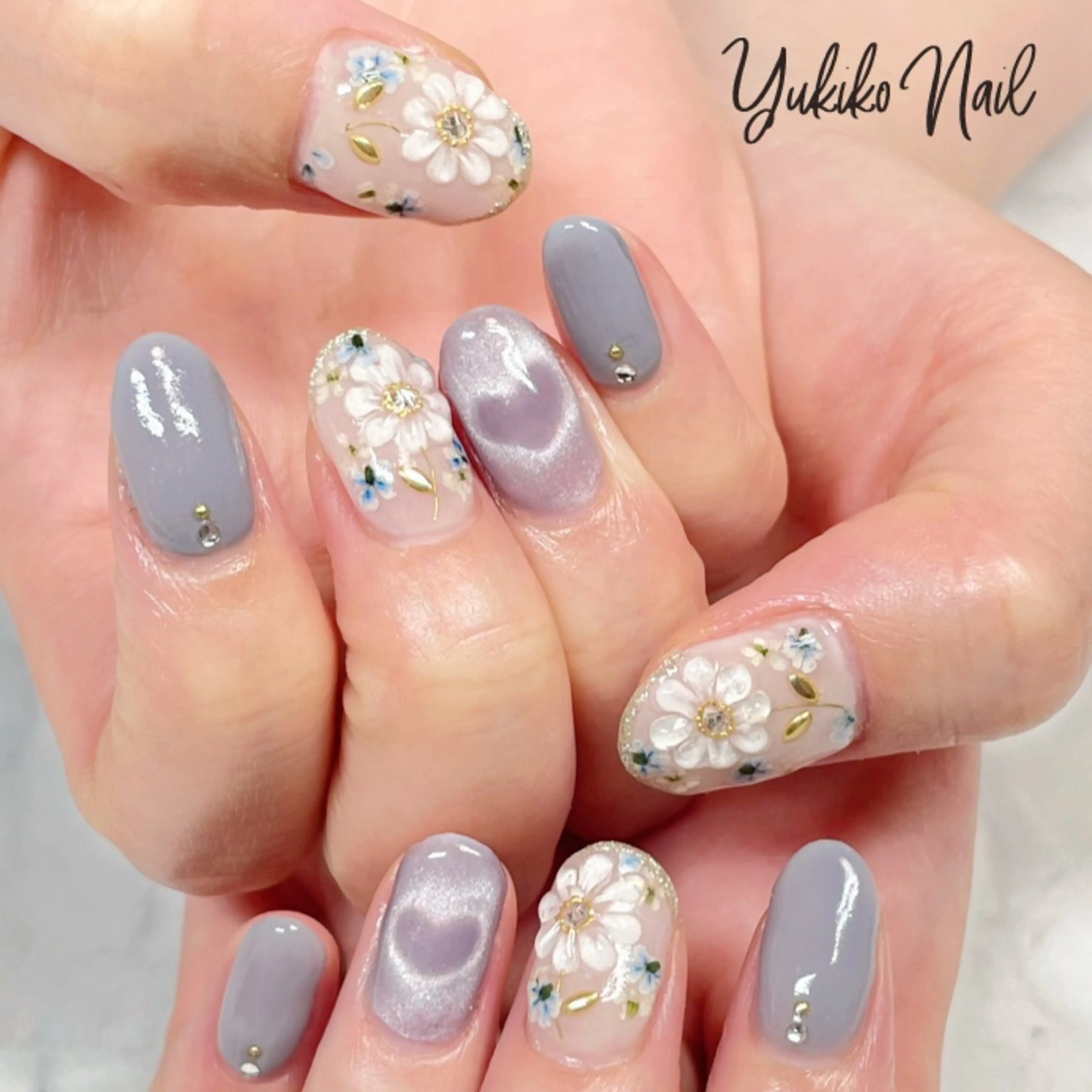 ネイル フラワーネイル ハート マグネットネイル ぷっくりネイル ユキコ ネイルのネイルデザイン
