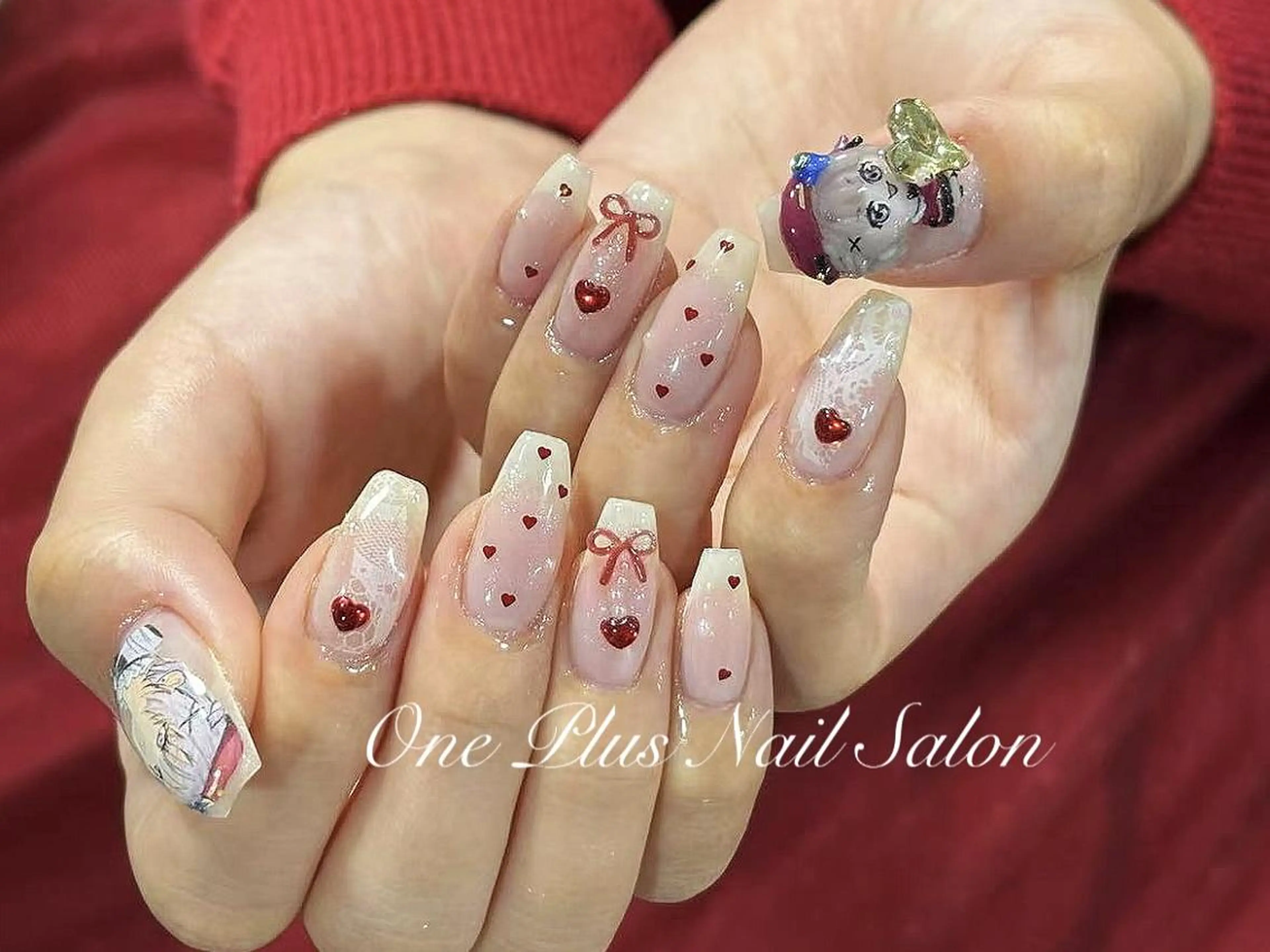 ネイル ガーリー ハート リボン ハンドネイル One Plus Nail Salonのネイルデザイン